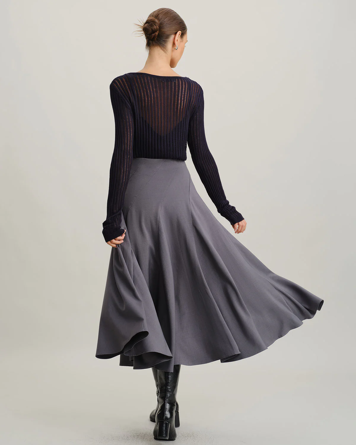 Grey High Waisted Pleated Midi Skirt