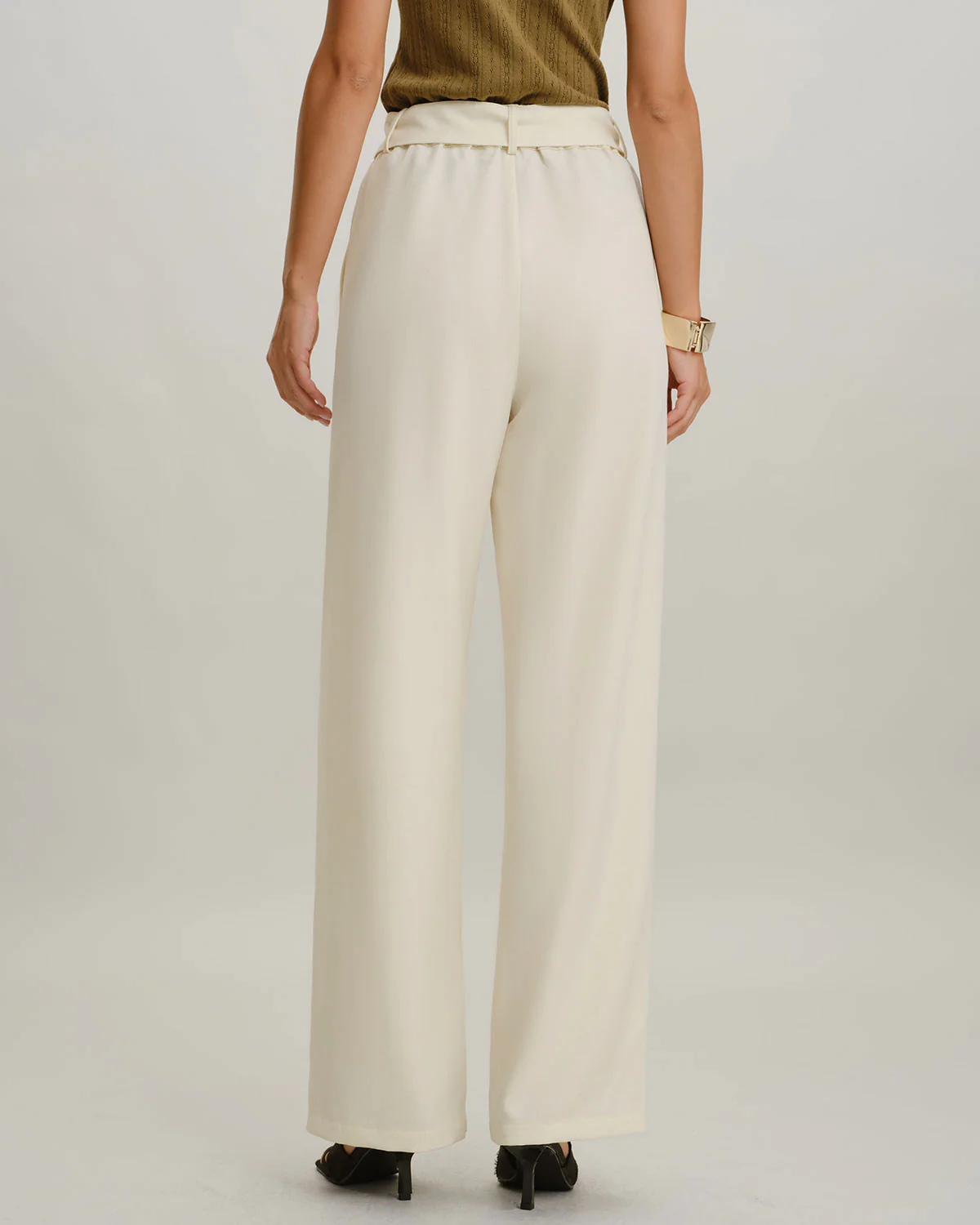 Beige High Waisted Belt Straight Pants