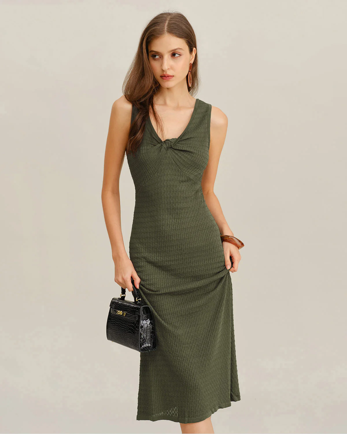 Army Green V Neck Sleeveless Sweater Dress