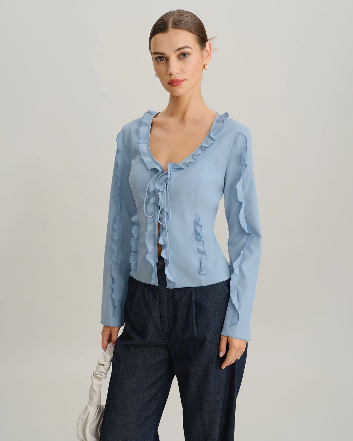 Blue Ruffle V Neck Button Blouse