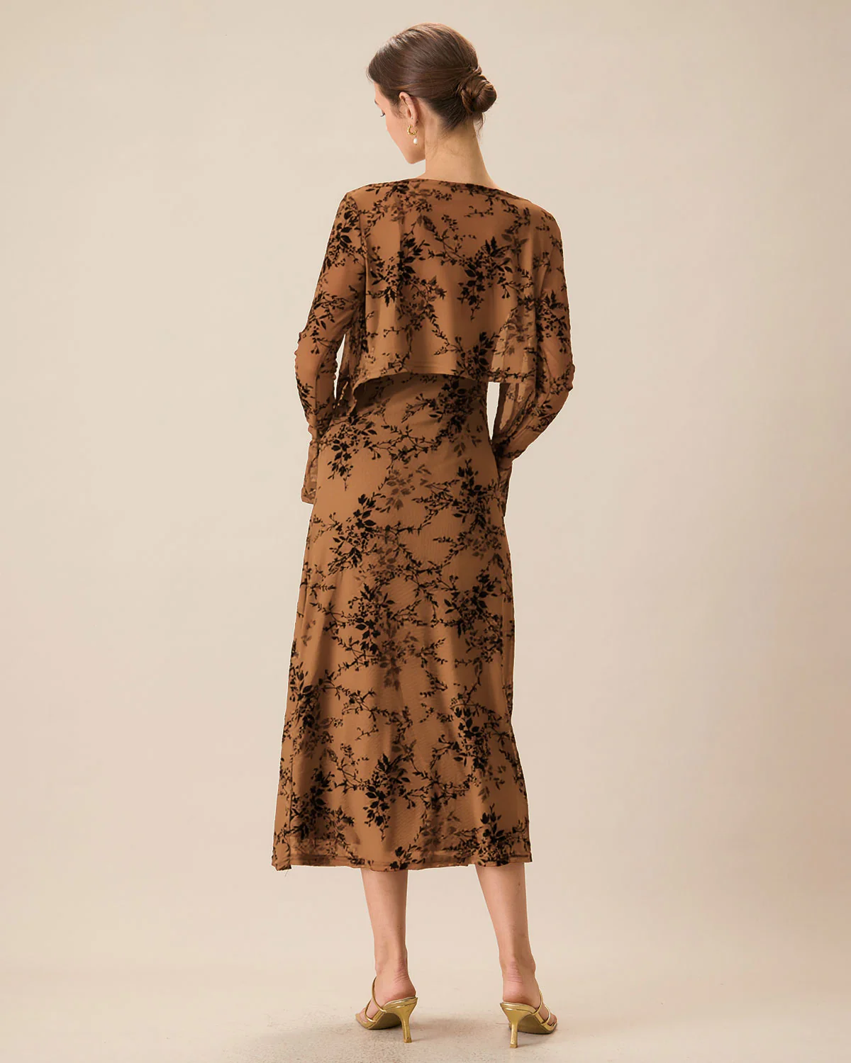 Brown Floral Two-piece Midi Dress
