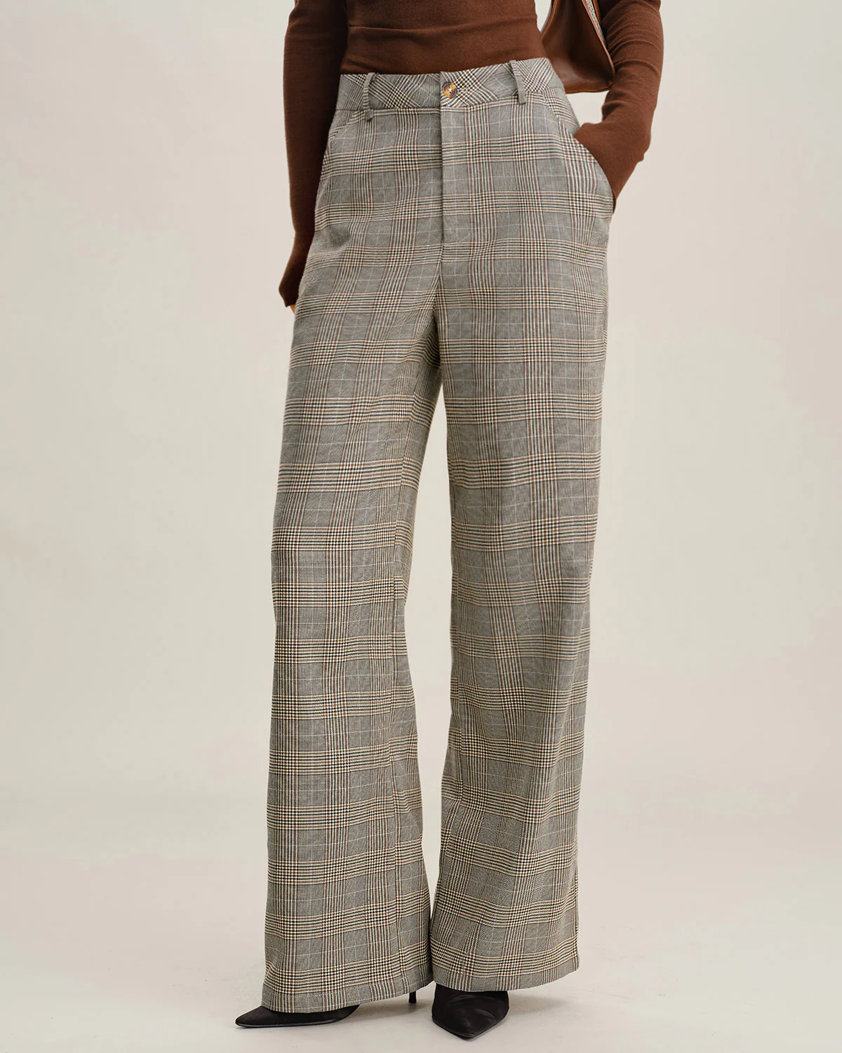 Khaki Plaid Straight Casual Pants