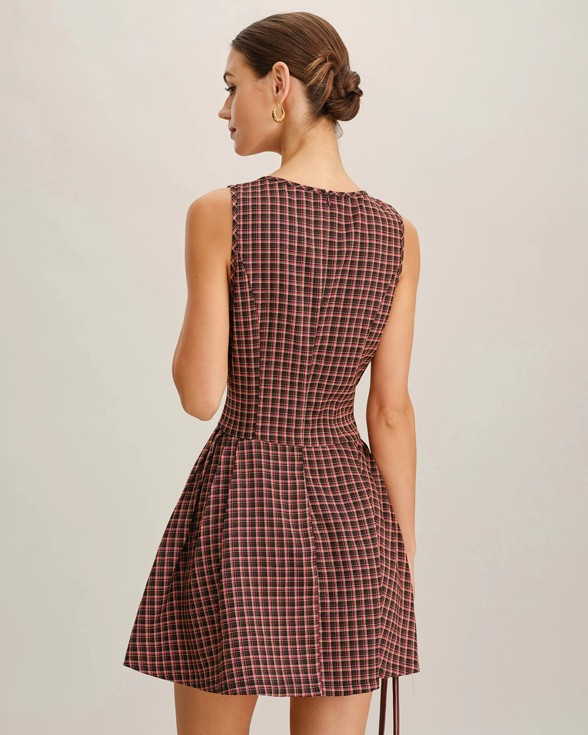 Red Plaid Boat Neck Sleeveless Mini Dress