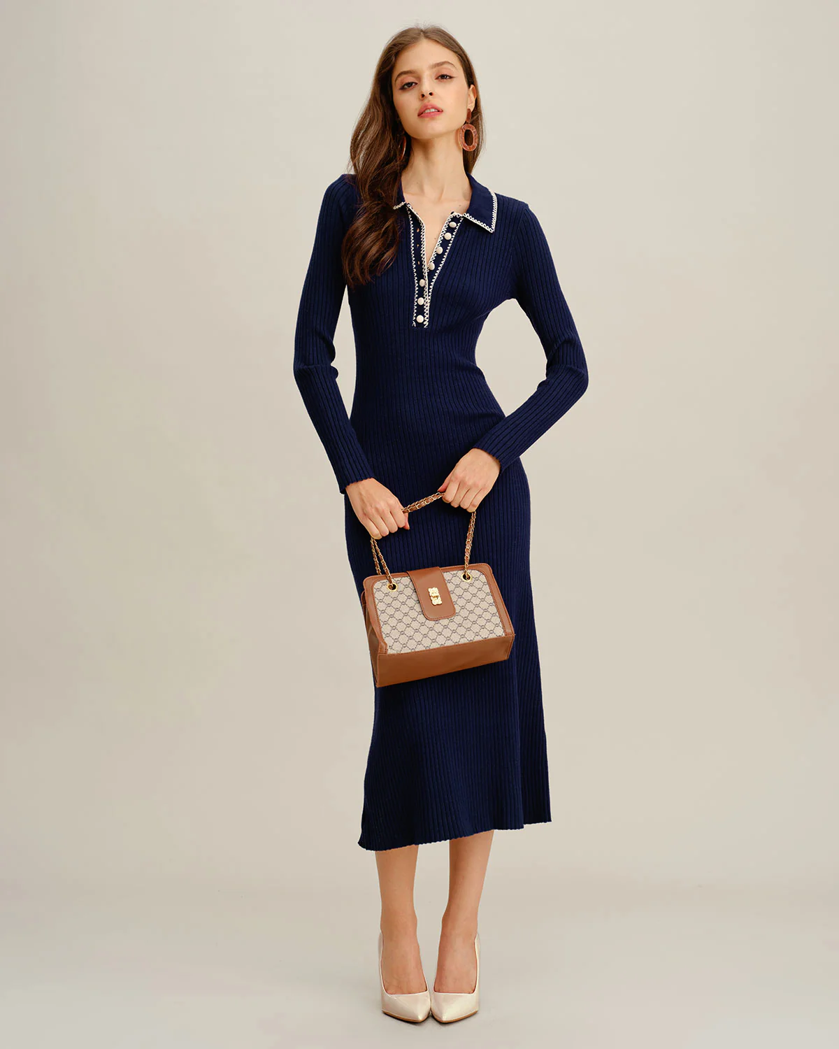 Blue Contrasting Button Sweater Dress