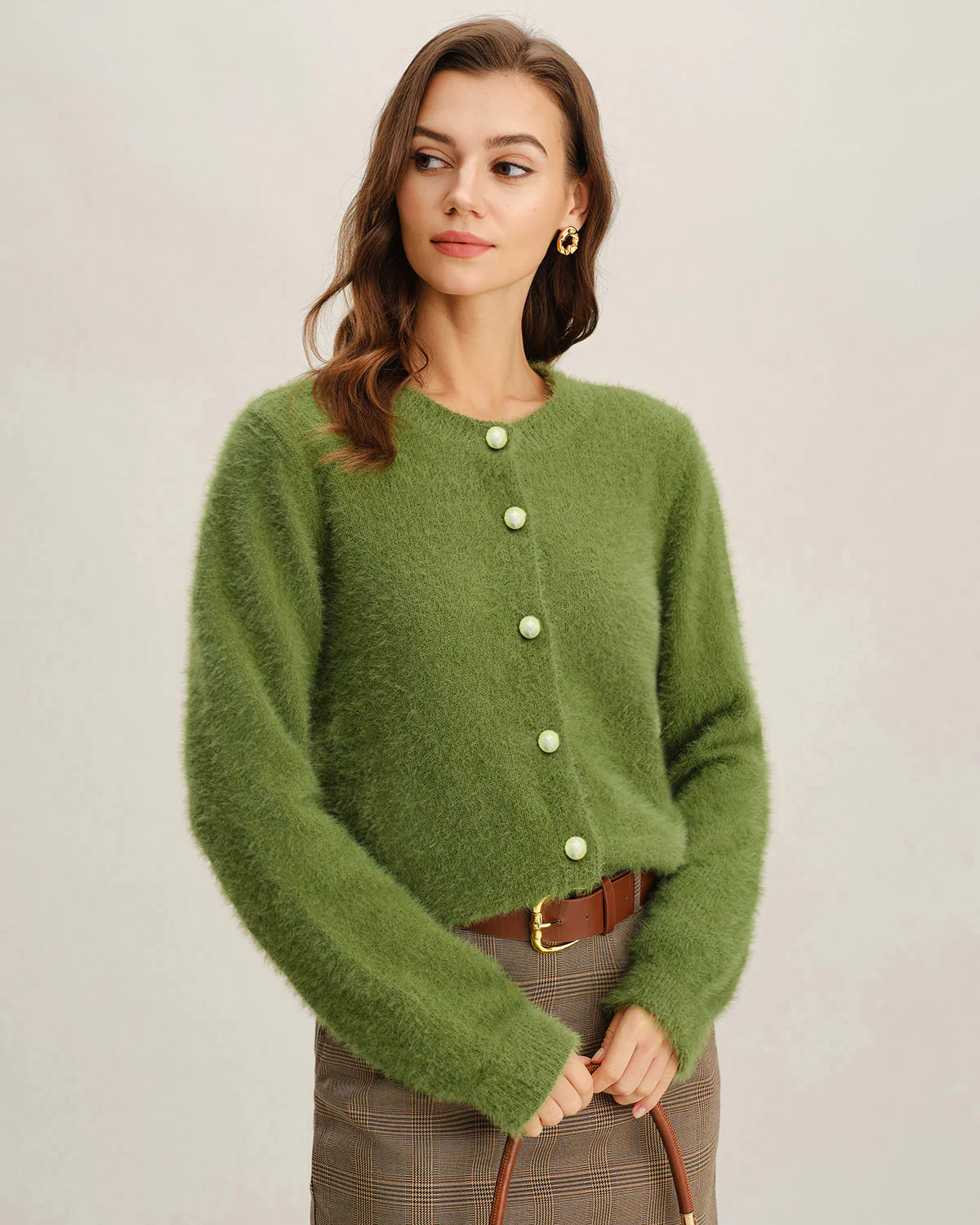 Green Round Neck Knit Cardigan