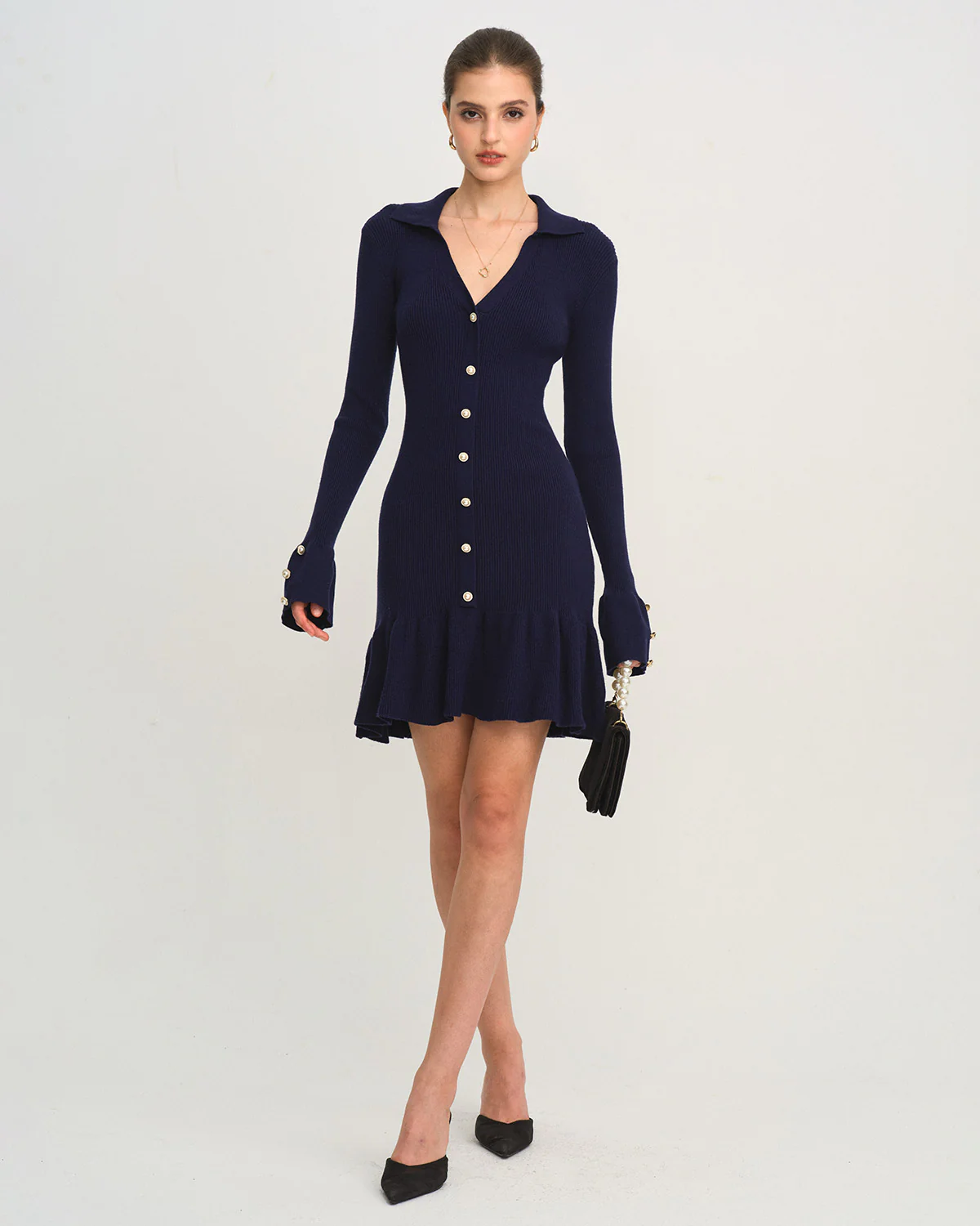 Navy Bell Sleeve A-Line Sweater Dress