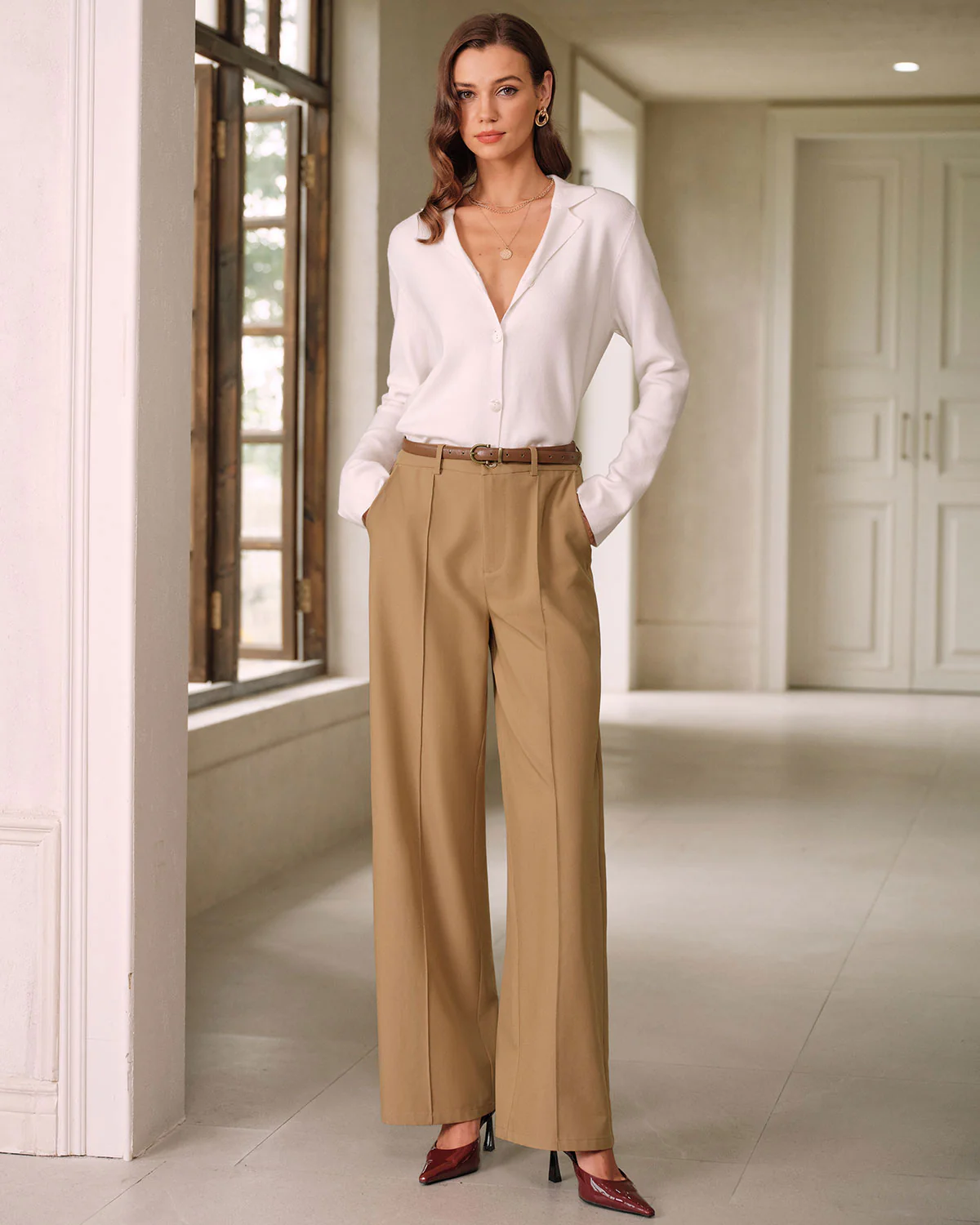 Khaki Natural Waisted Pocket Straight Pants