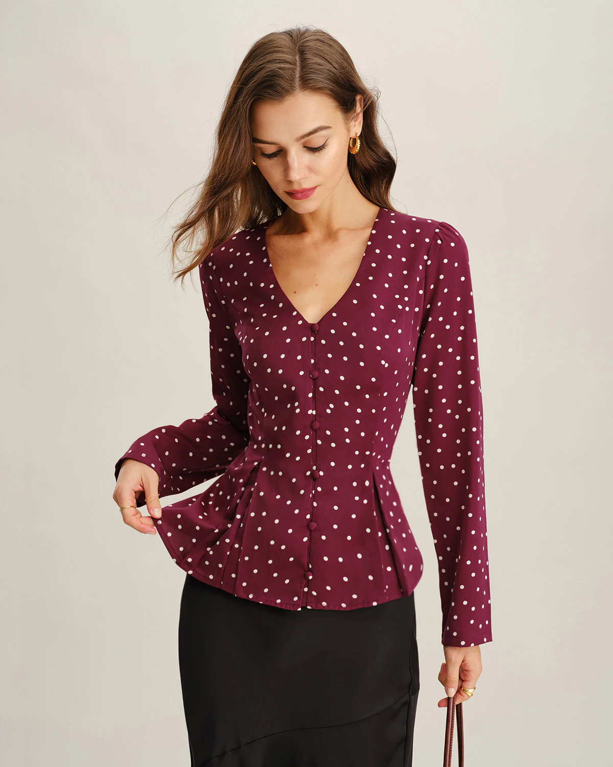 Wine Red Polka Dot V Neck Blouse