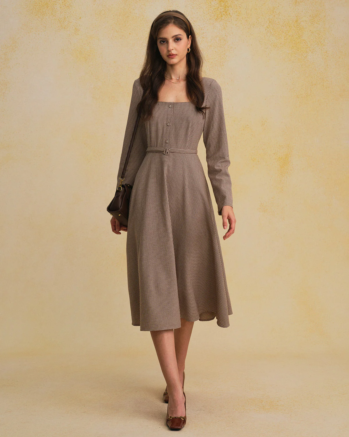 Brown Plaid Square Neck Belted Maxi Dress