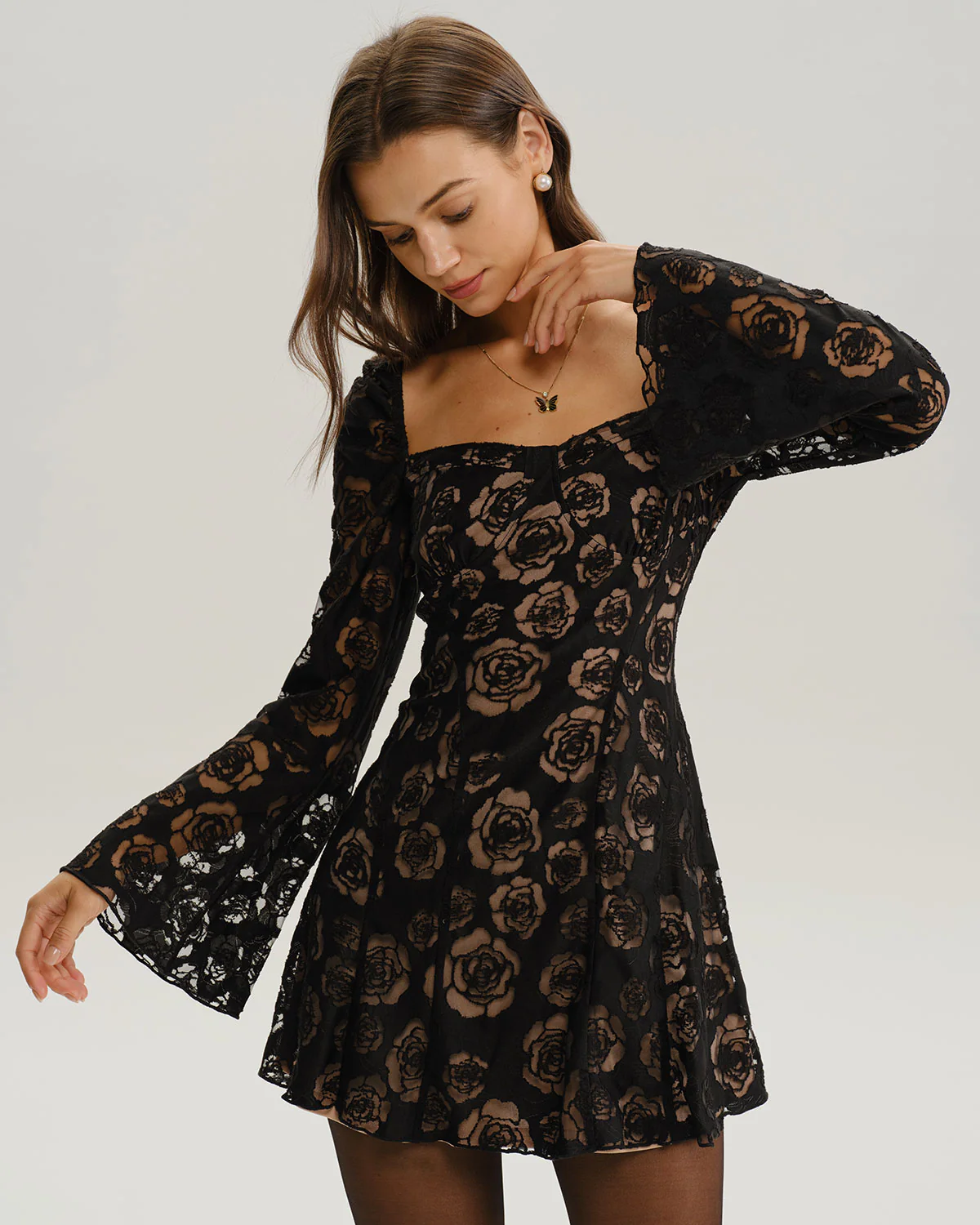 Black See Through Bell Sleeve Mini Dress