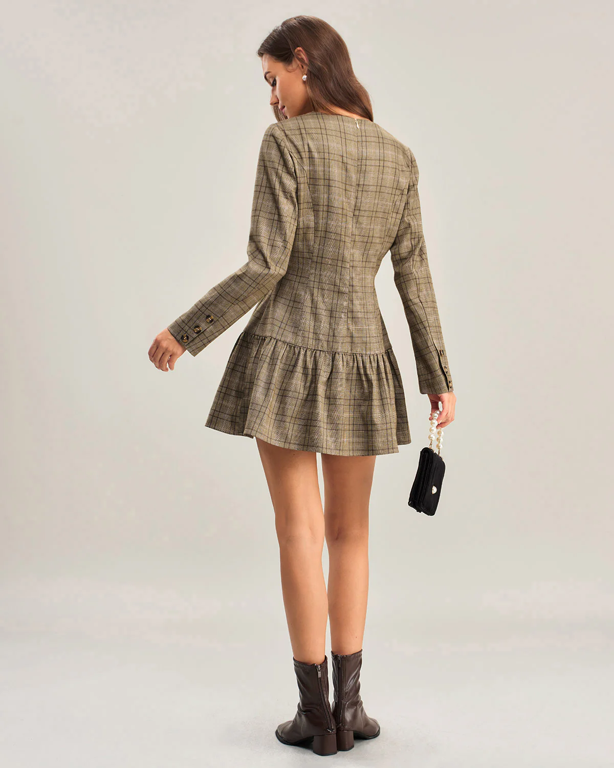 Khaki Plaid A-Line Pleated Mini Dress