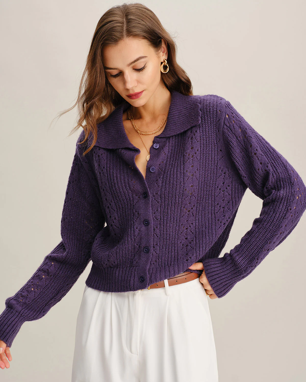 Purple Single Breasted Knit Cardigan