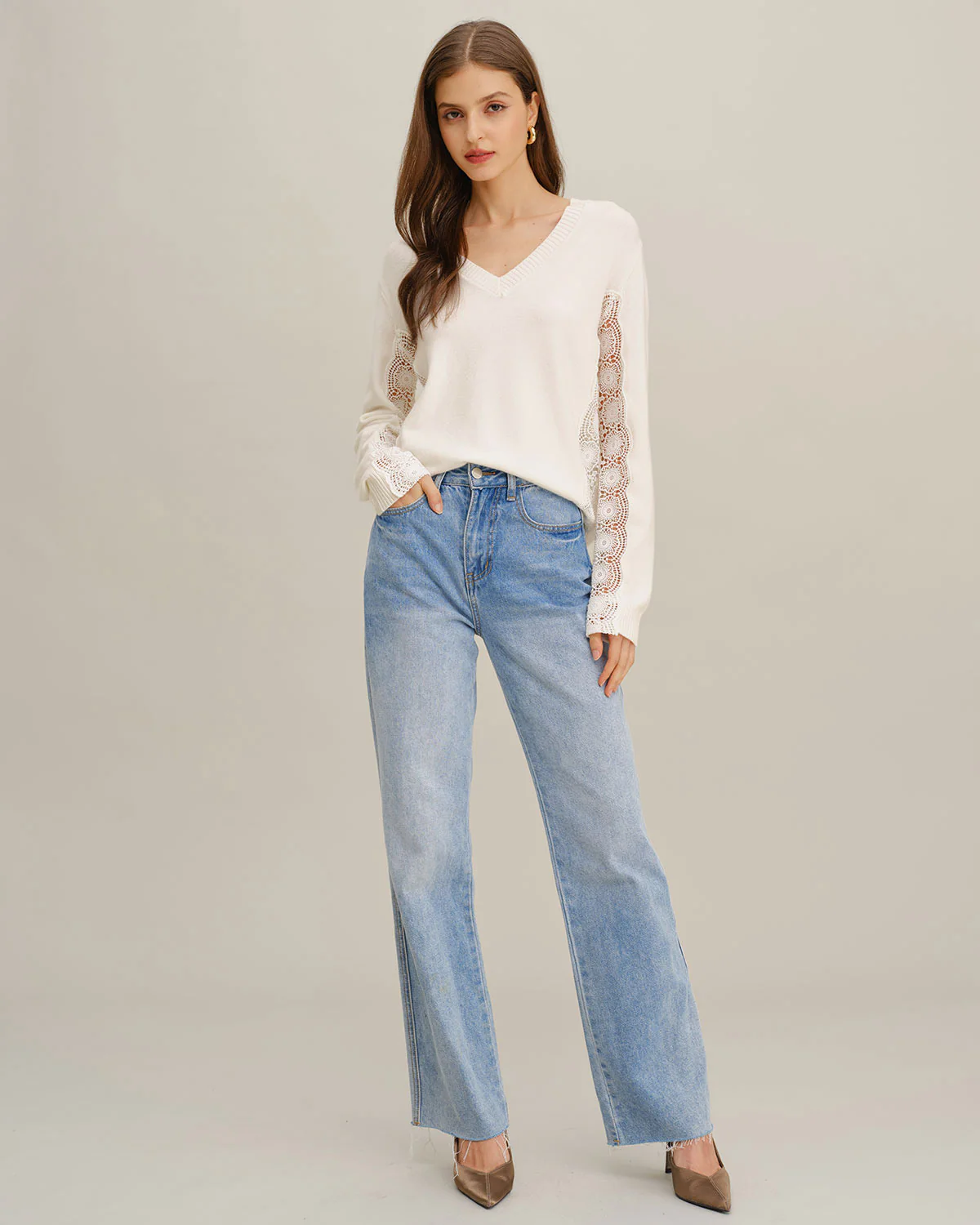 White V Neck Lace Splicing Sweater