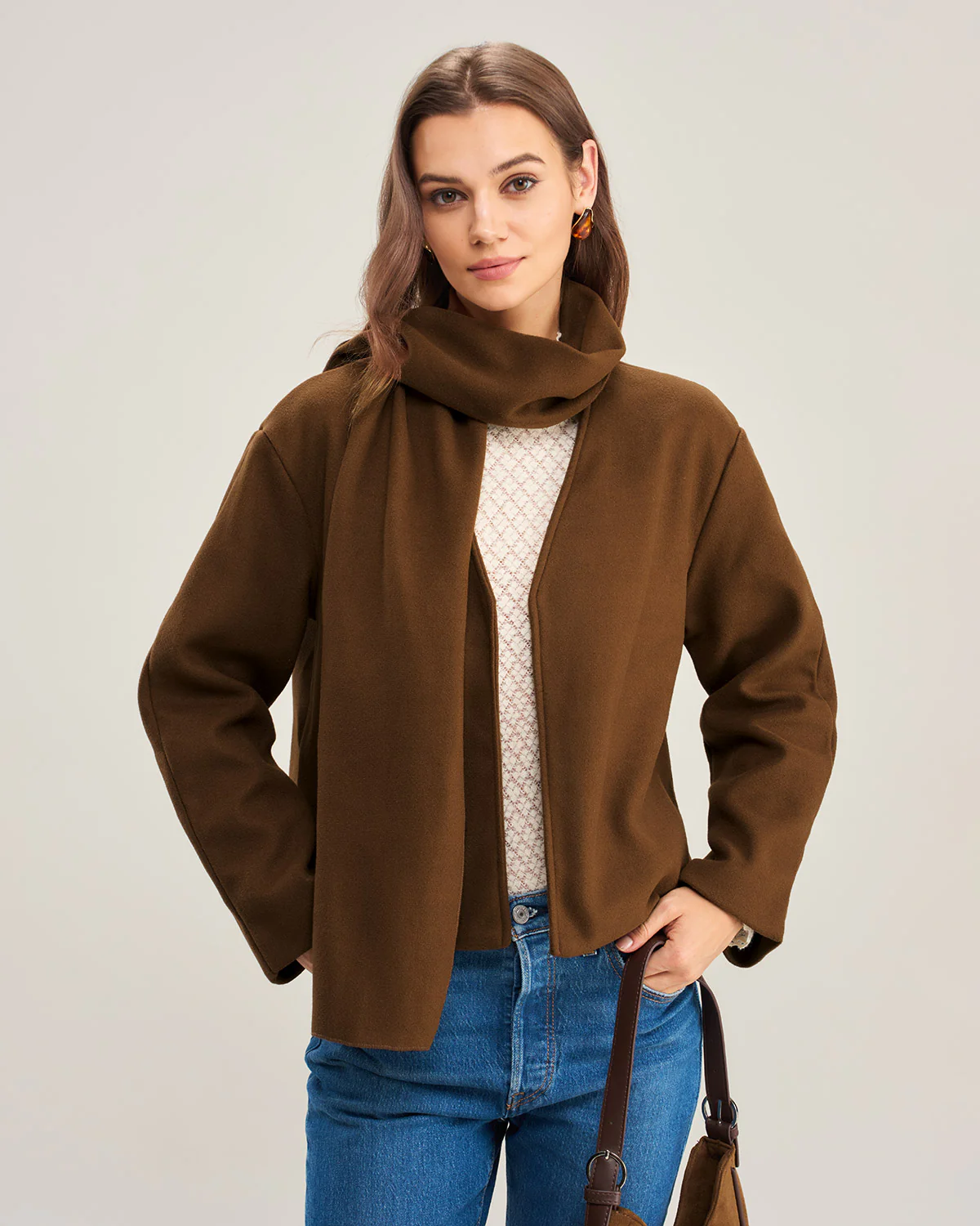Coffee V Neck Casual Coat