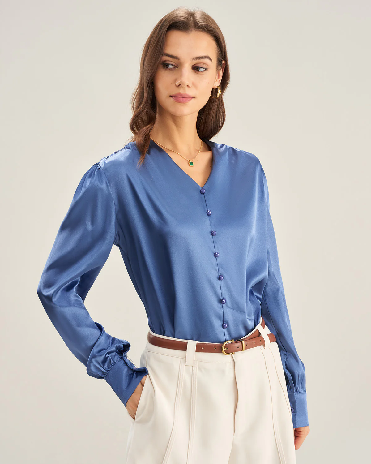 Blue Satin V Neck Loose Shirt