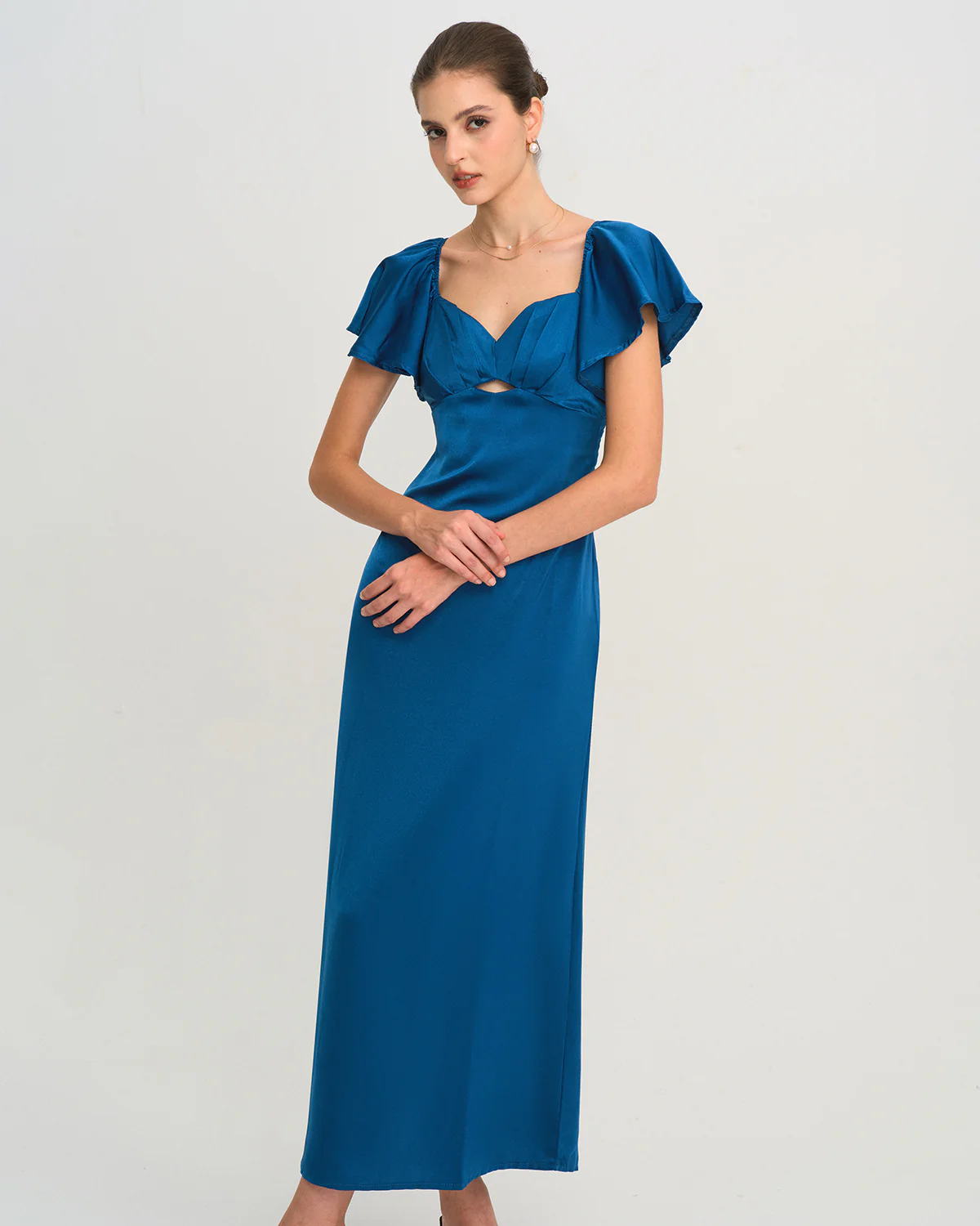 Blue Satin Cap Sleeve Maxi Dress