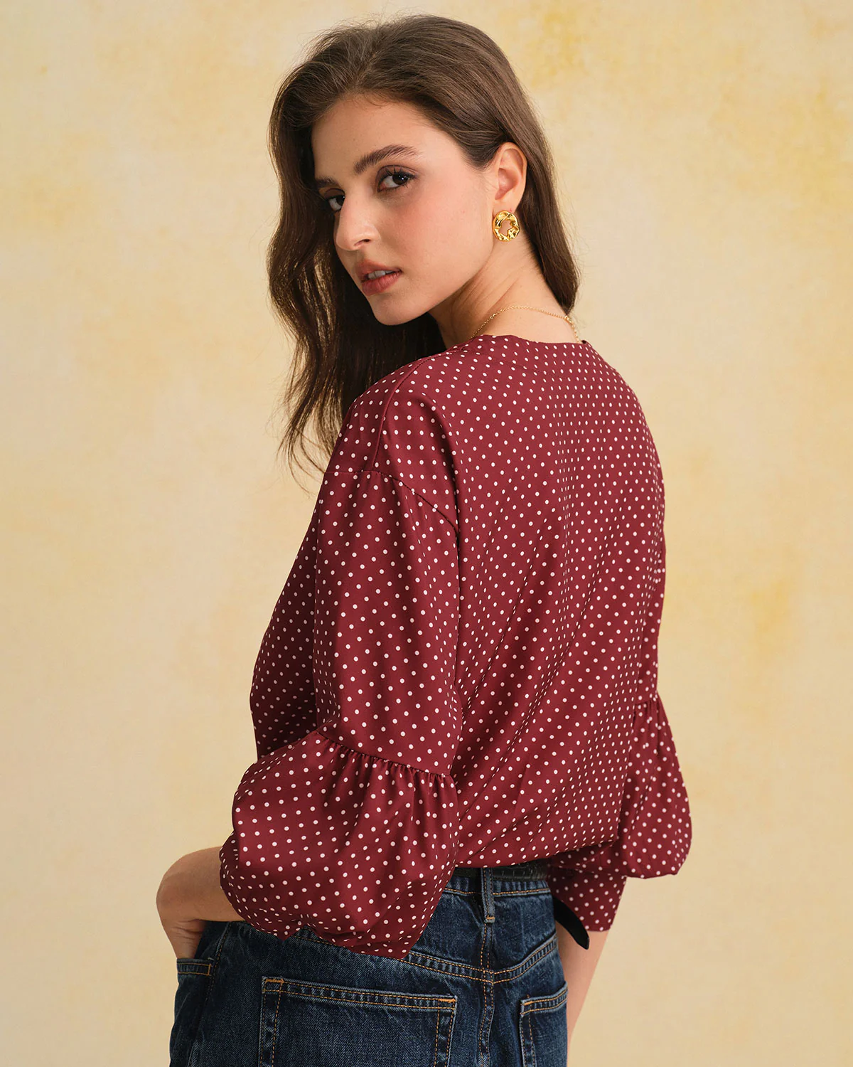 Red V Neck Polka Dot Blouse