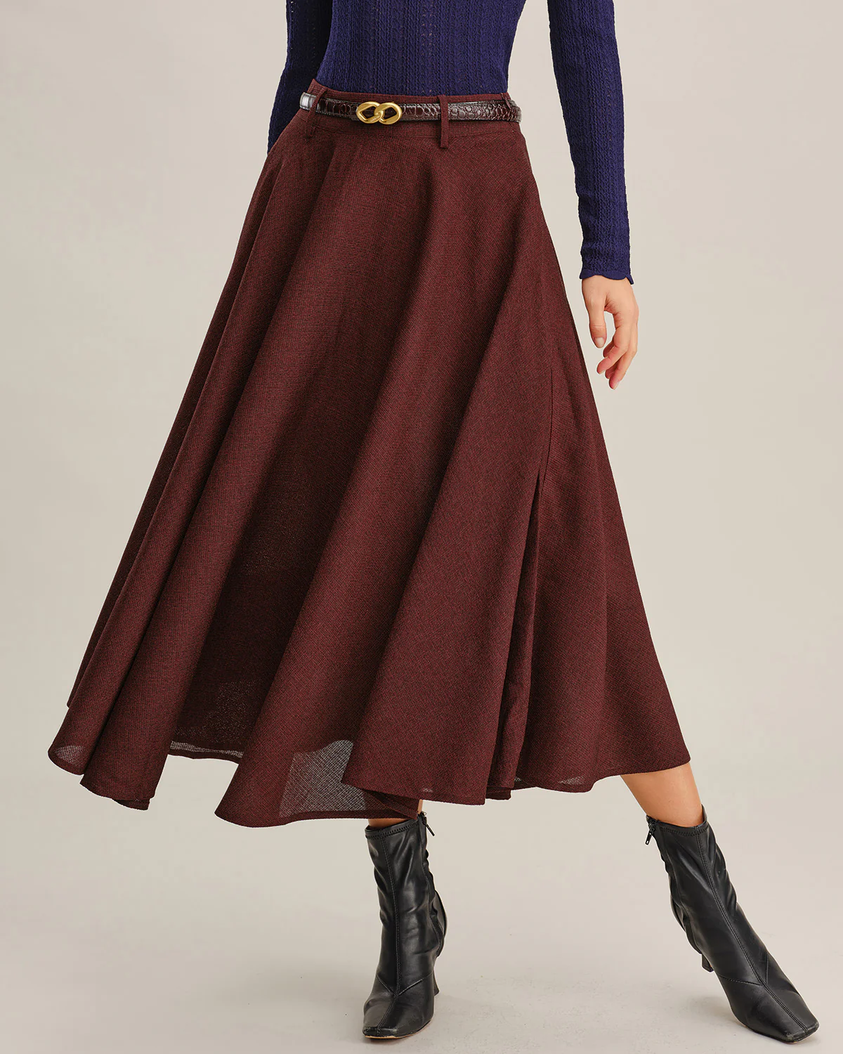 Wine Red A-Line Pocket Midi Skirt