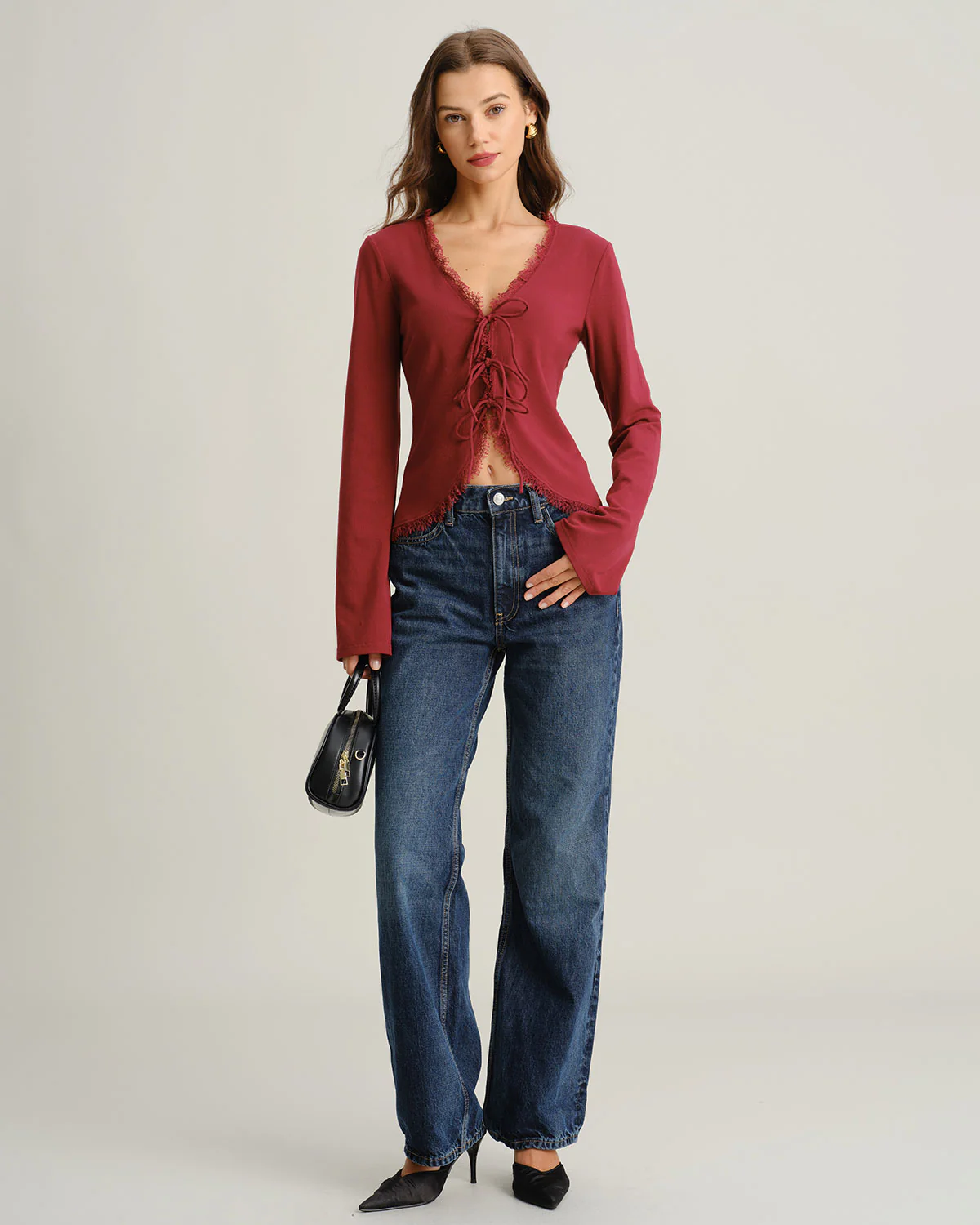 Red V Neck Tie-front Cardigan