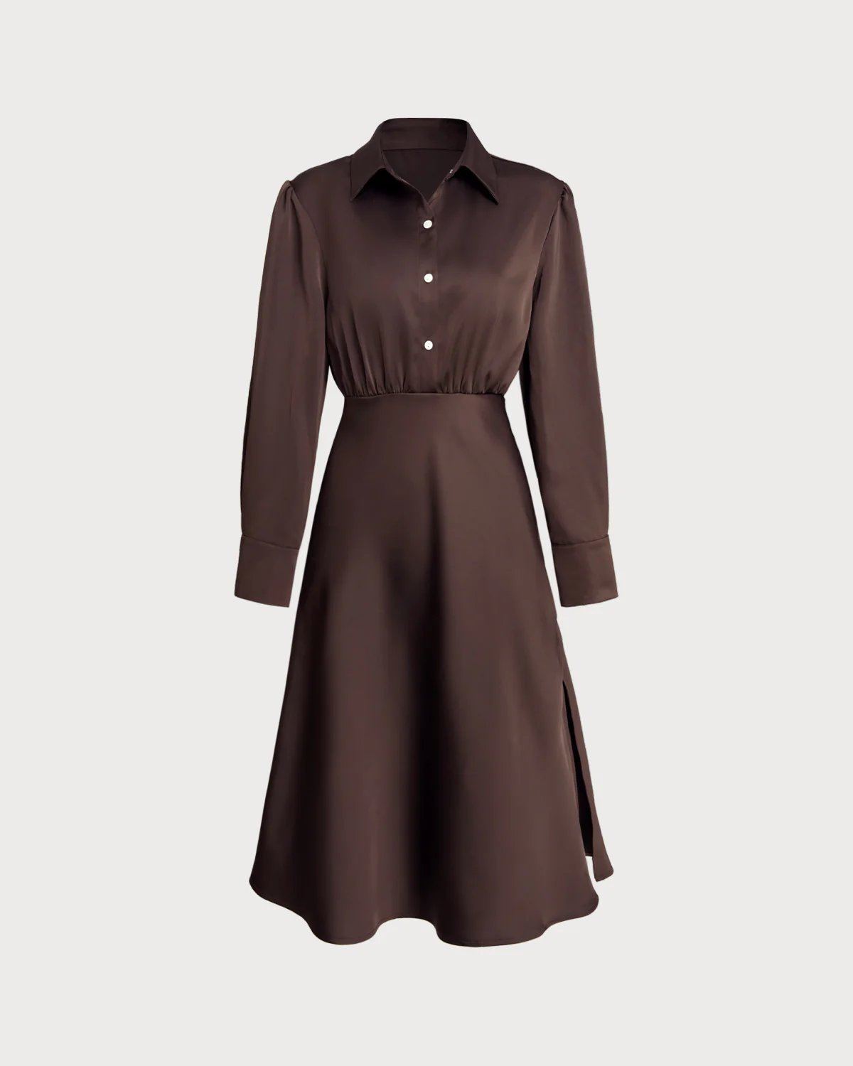 Coffee Ruched Button Midi Dress