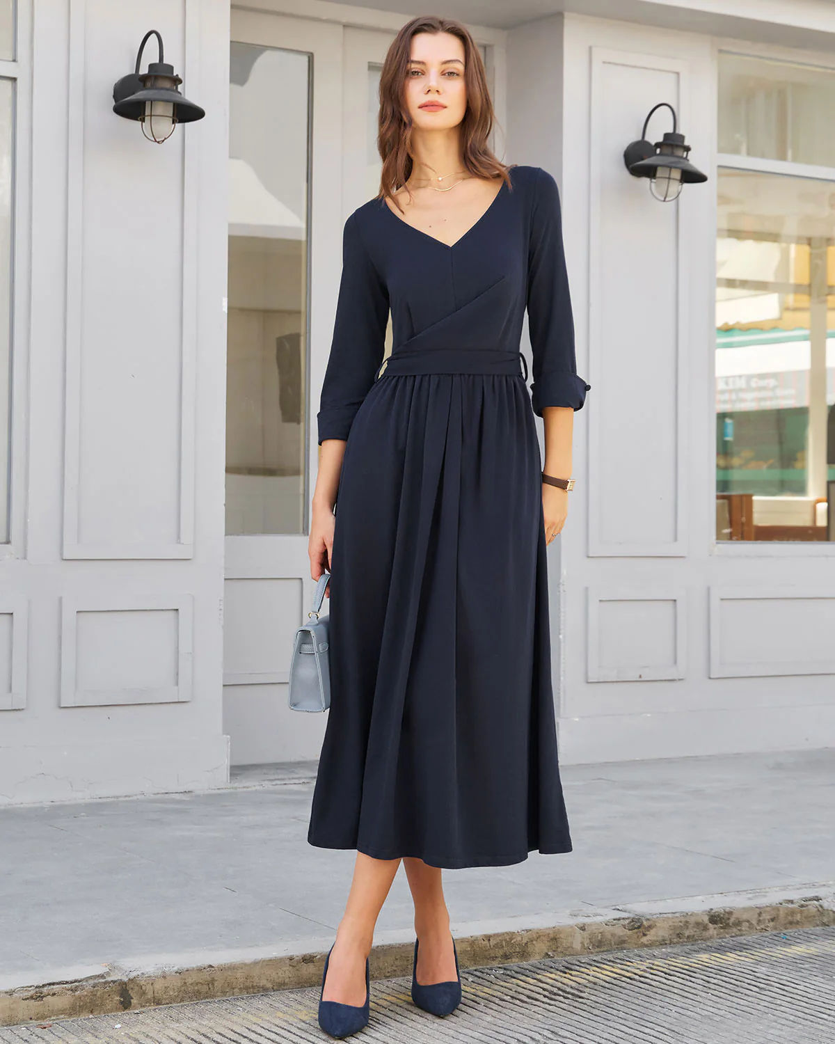 Navy Ruched Tie Waist Maxi Dress