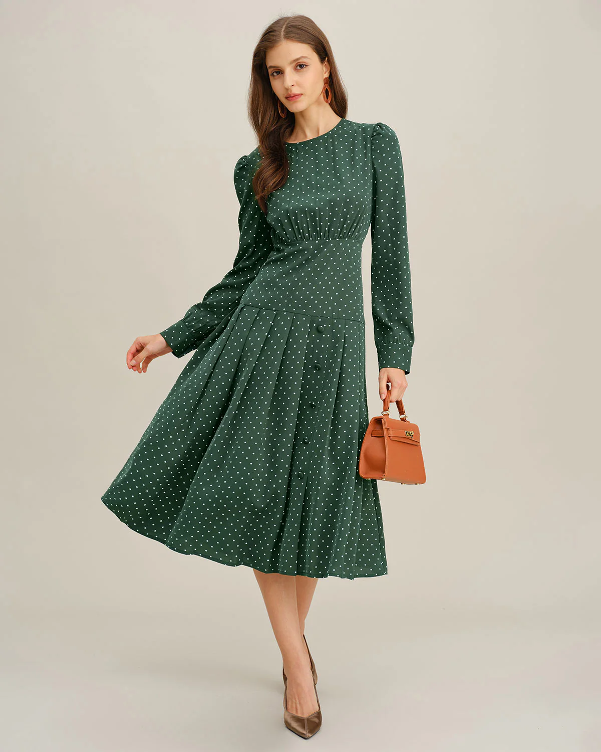 Green Polka Dot A-Line Midi Dress