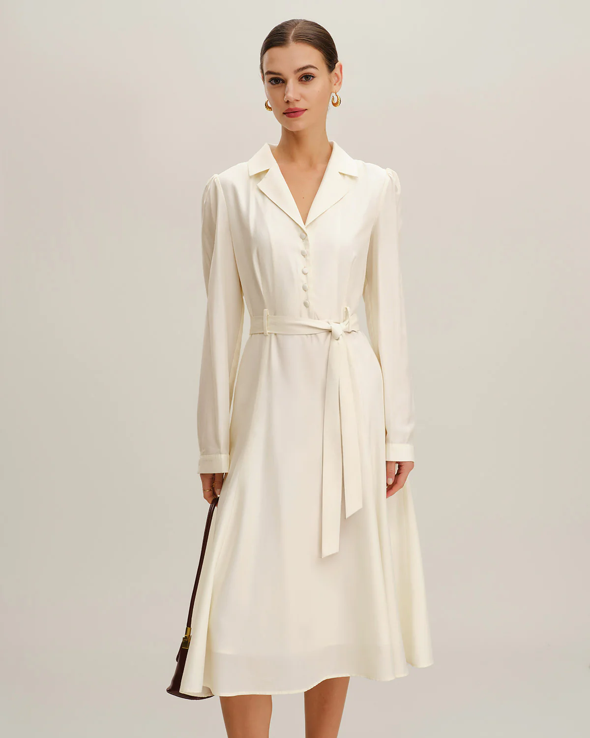 Beige Belted A-Line Midi Dress