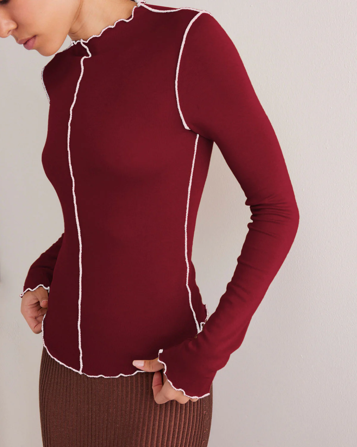 Wine Red Slim Contrasting Tee