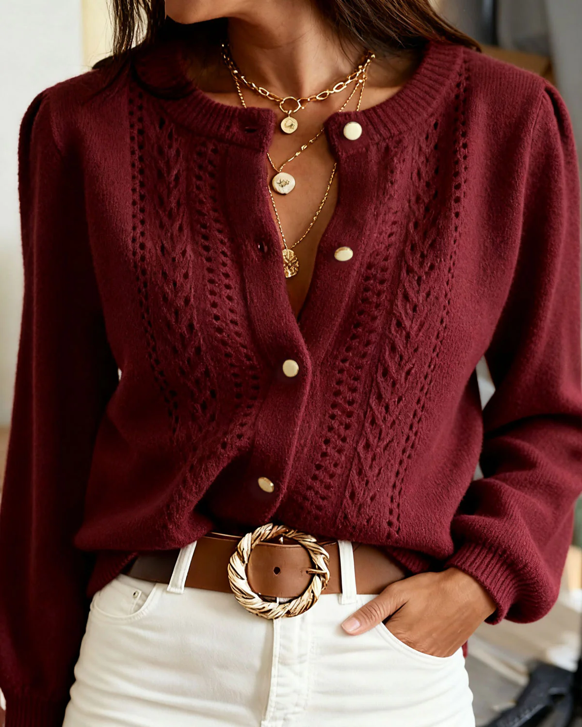 Wine Red Round Neck Knit Cardigan