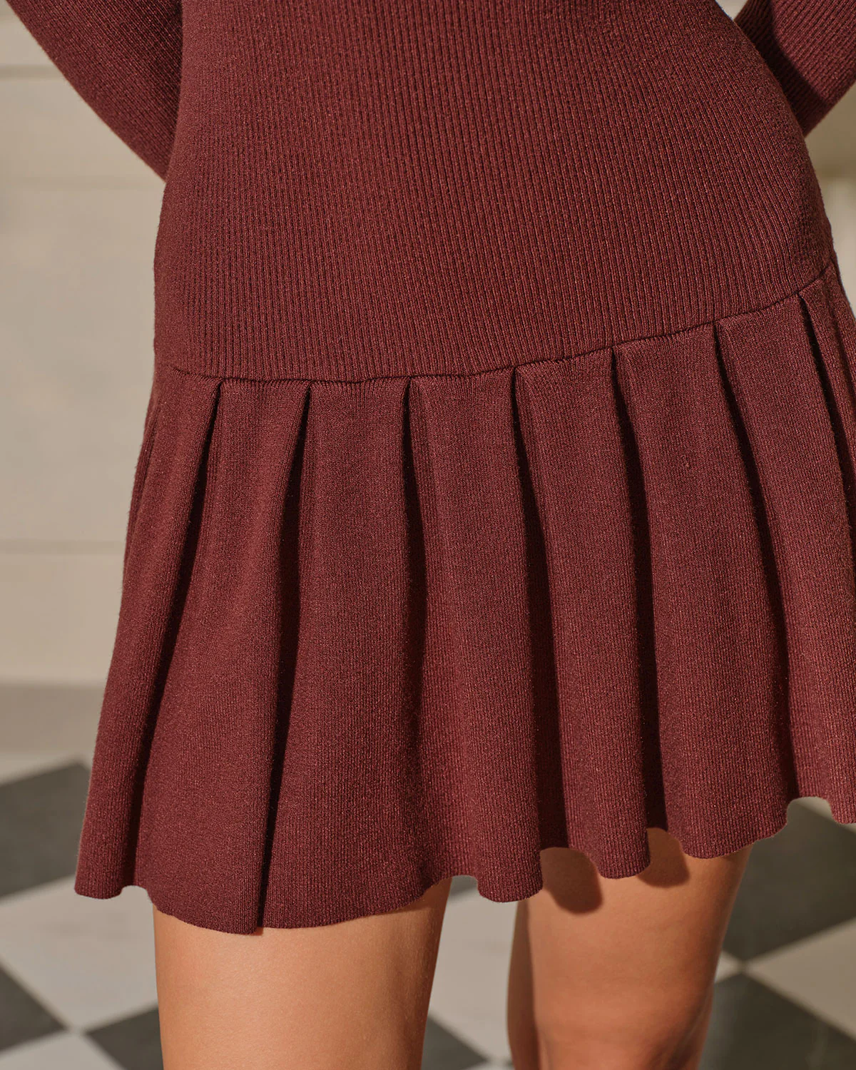 Coffee A-Line Pleated Sweater Dress