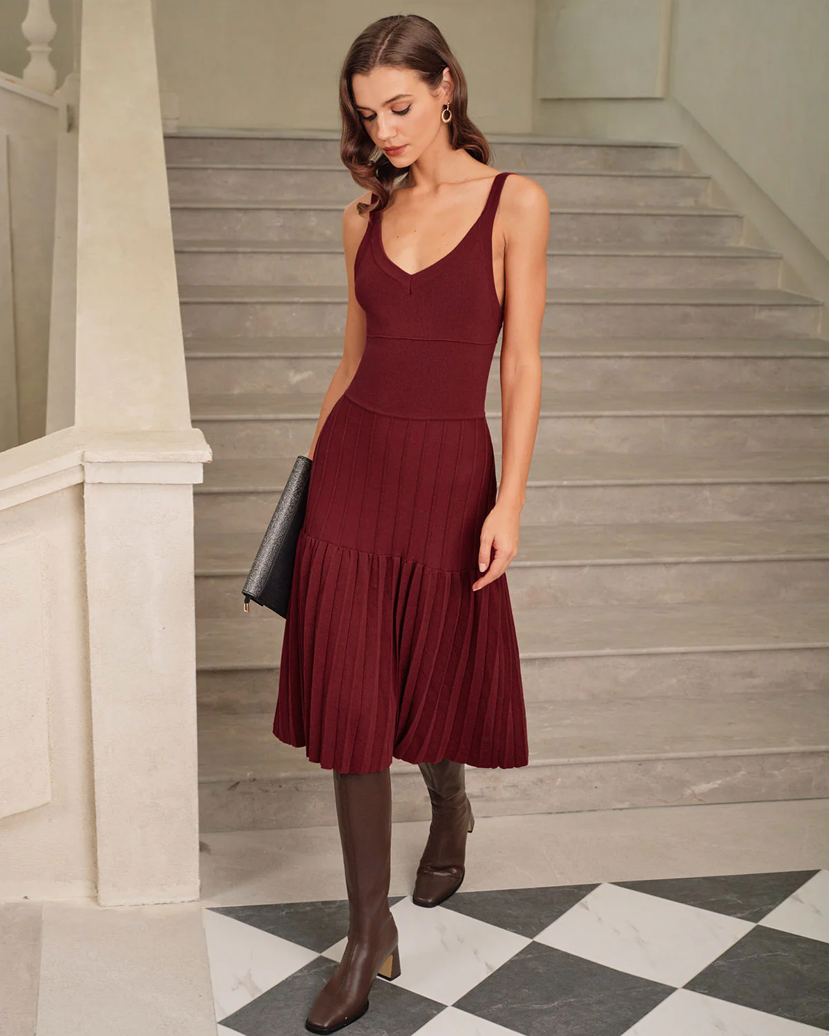 Wine Red Ruched A-Line Sweater Dress