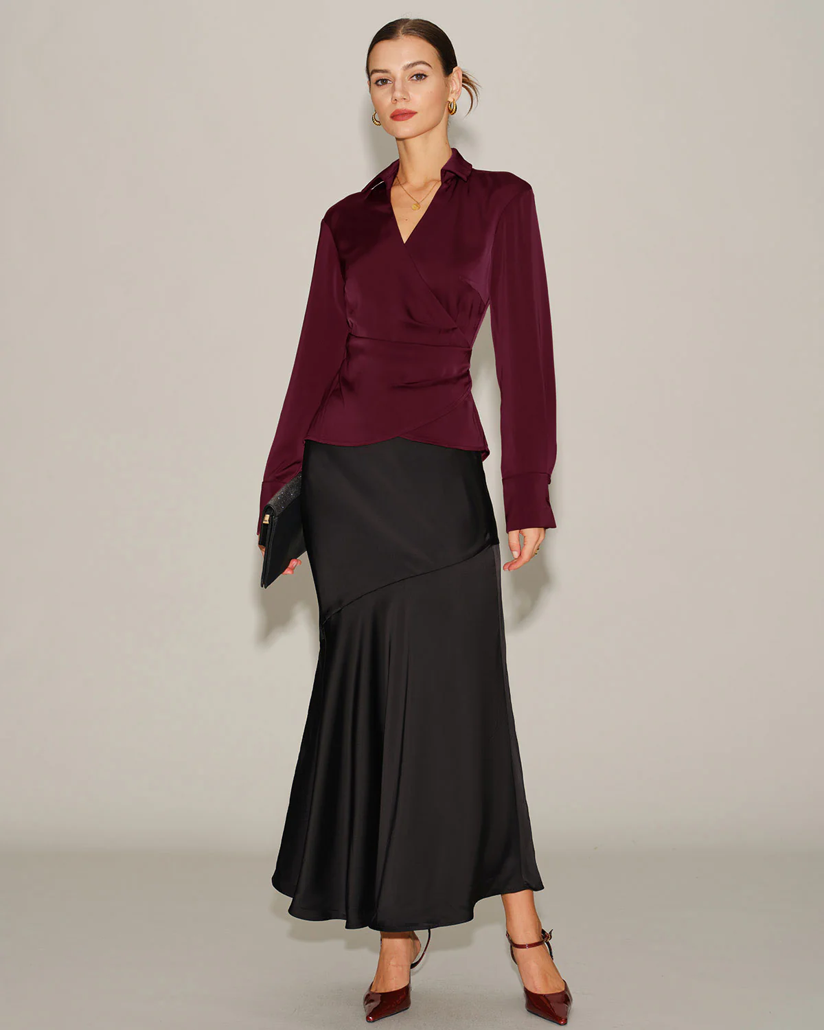 Wine Red Satin V Neck Tie Shirt