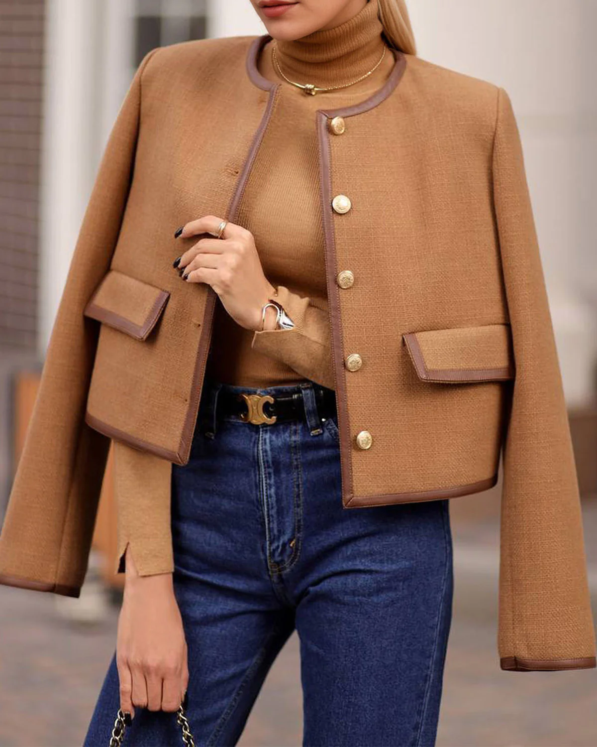 Brown Single Breasted Pockets Jacket