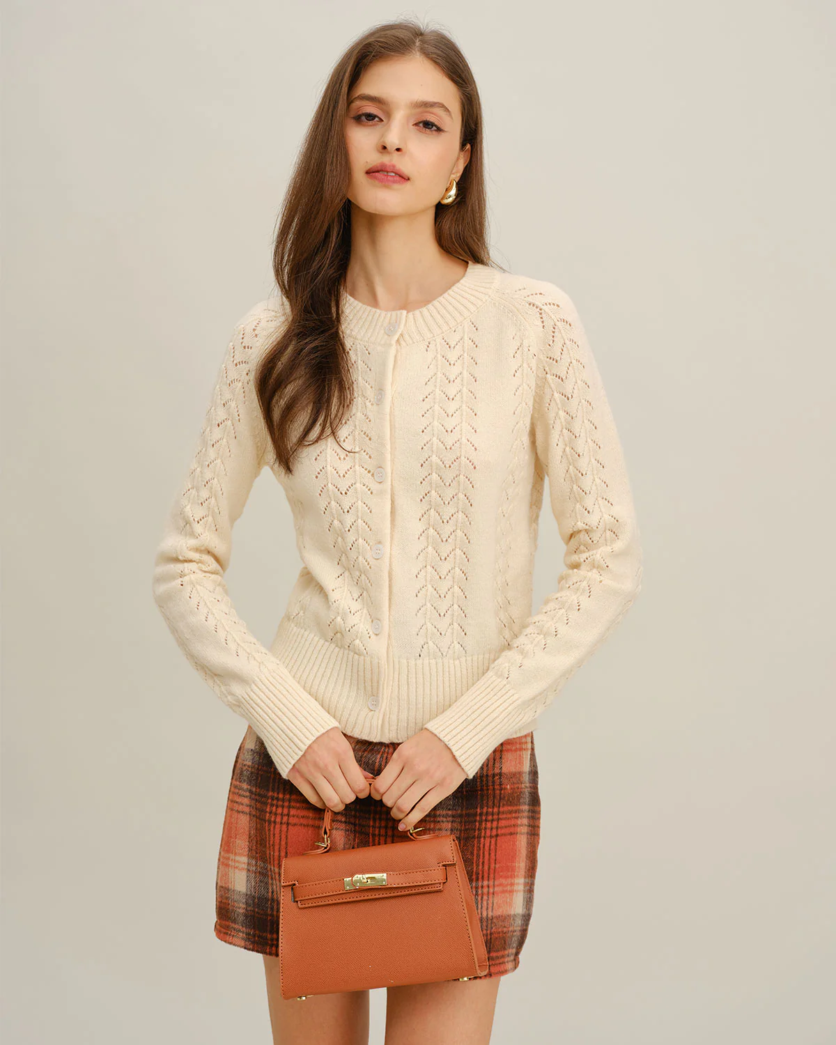 Beige Round Neck Knit Cardigan