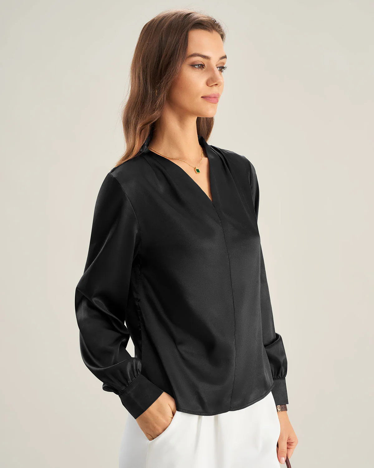 Black Satin V Neck Shirt