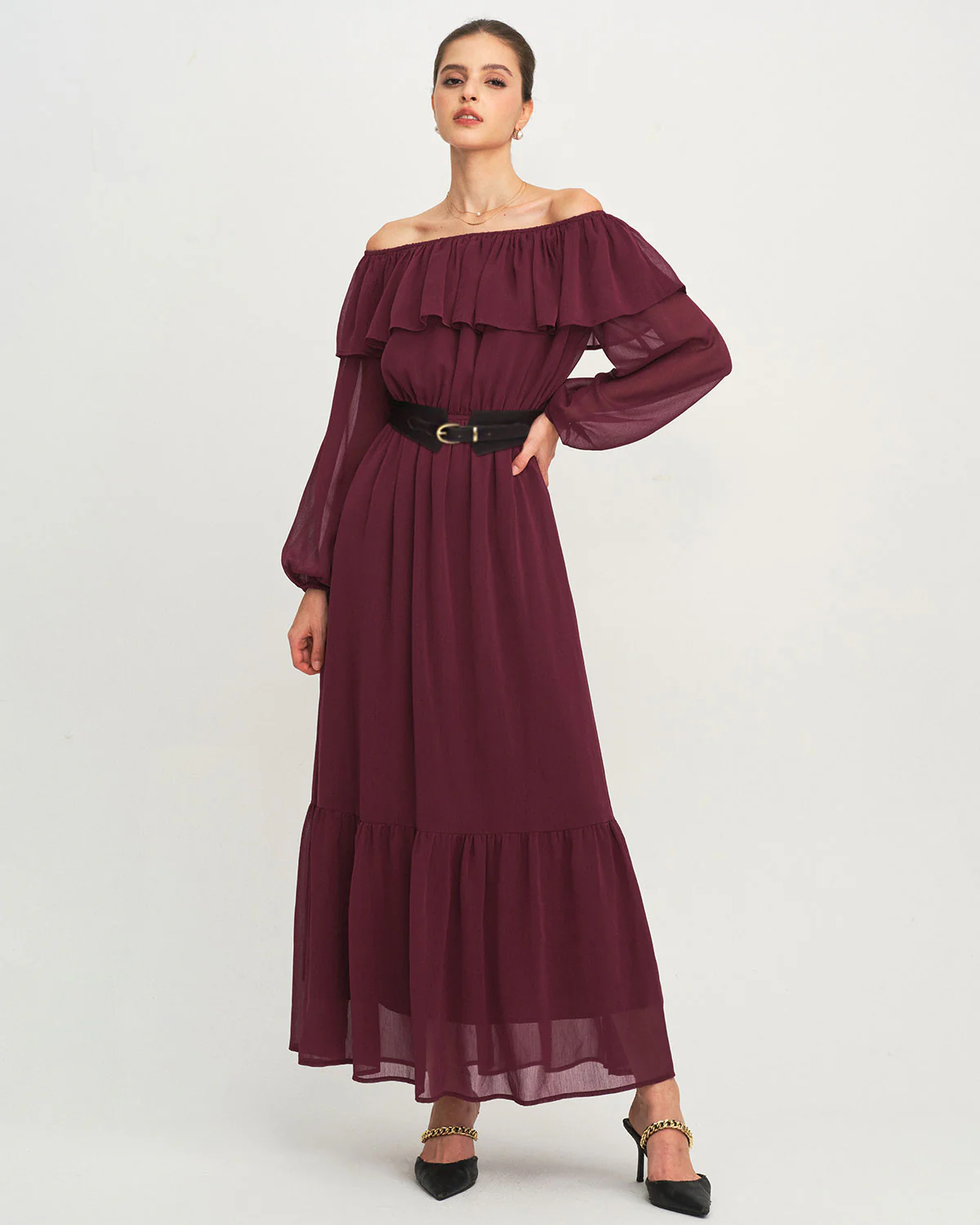 Wine Red Boat Neck Ruffle Maxi Dress