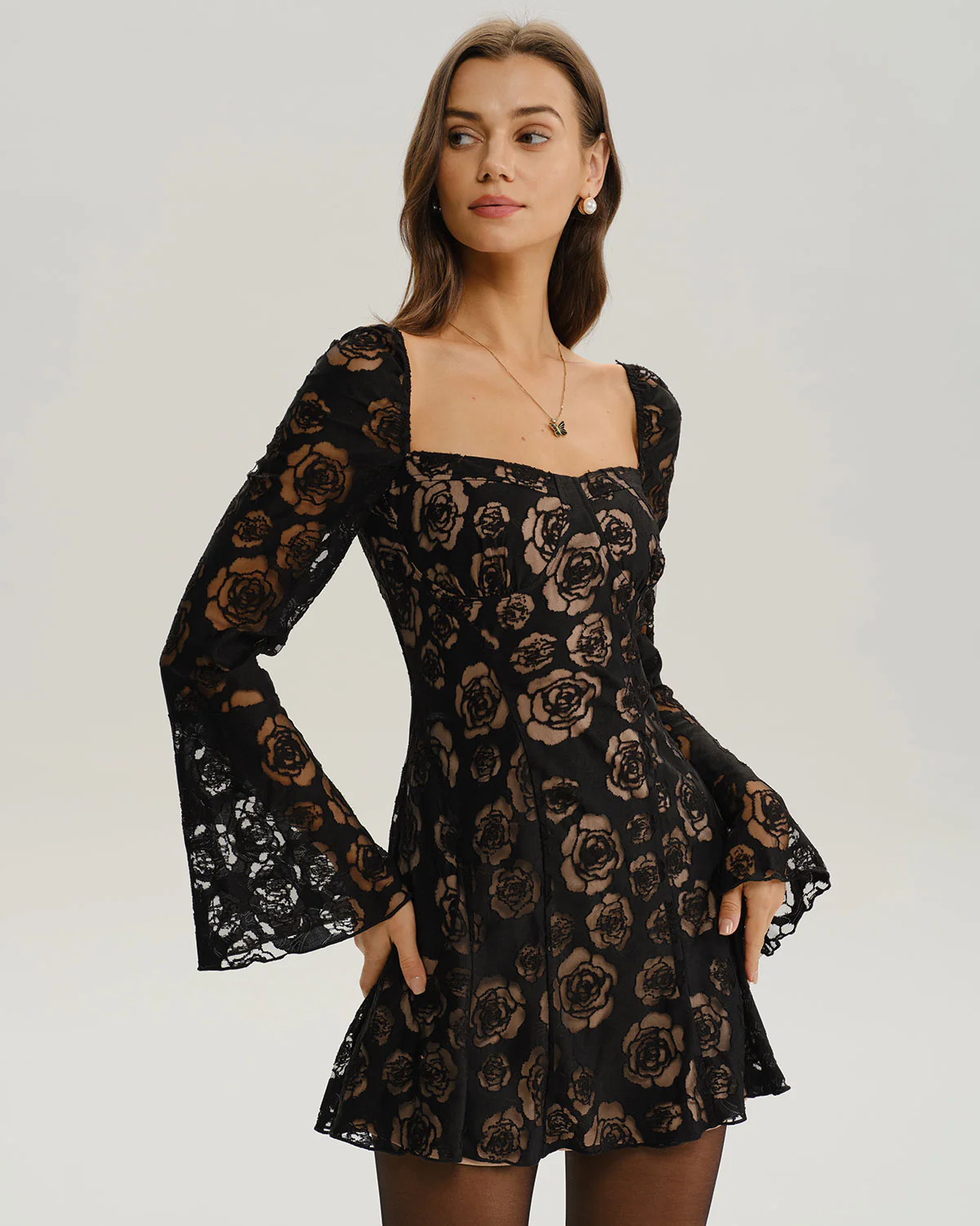 Black See Through Bell Sleeve Mini Dress