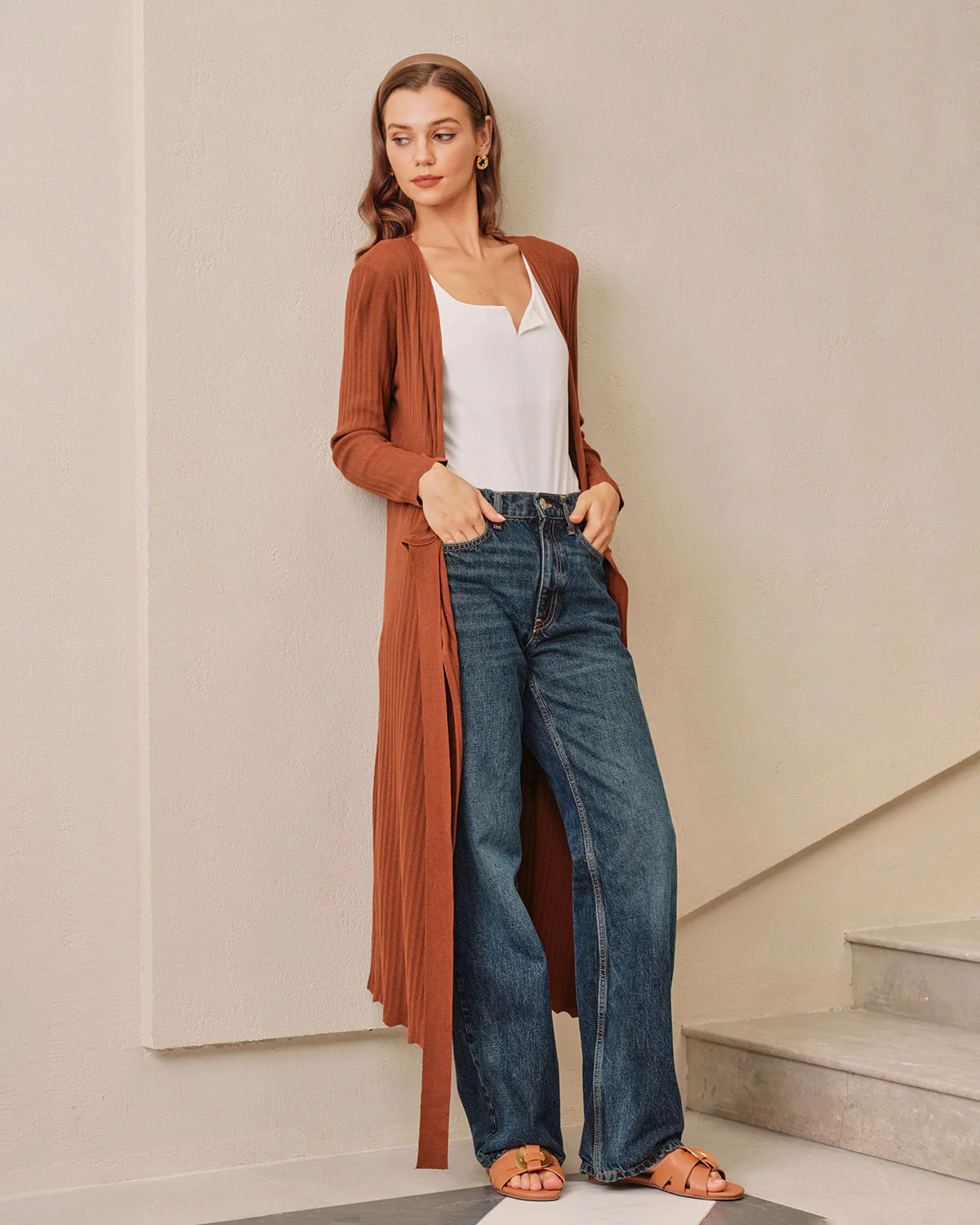 Caramel Knit Wrap Midi Dress