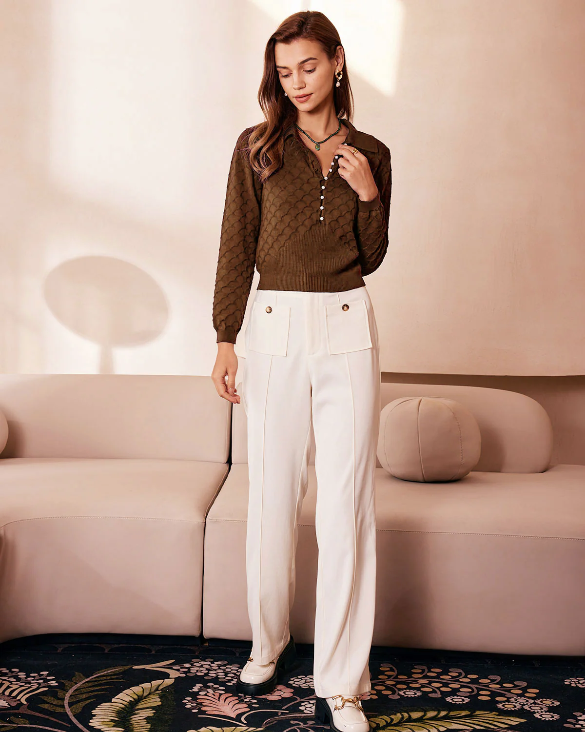 Brown Pearl Buttons Knit Tee