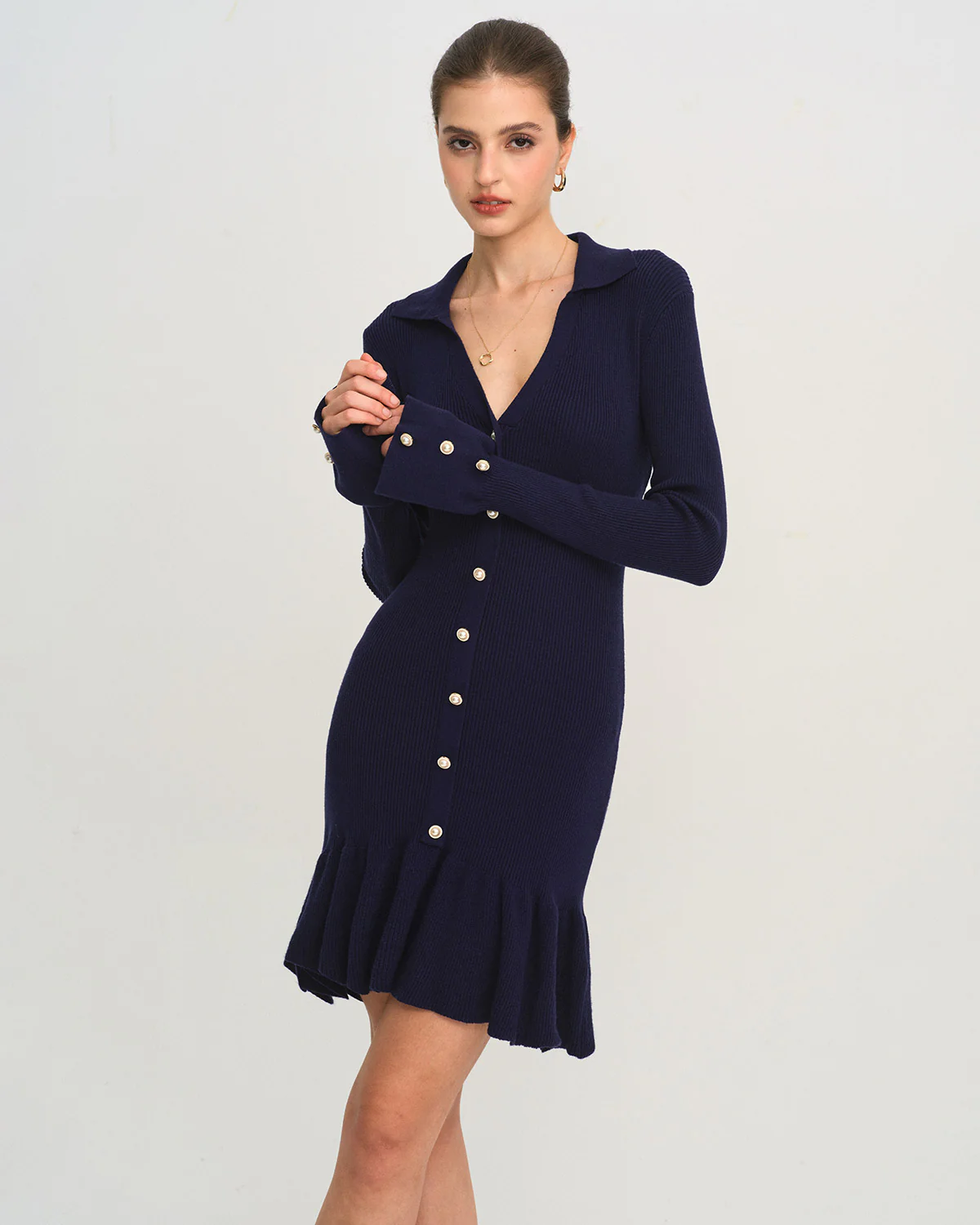 Navy Bell Sleeve A-Line Sweater Dress