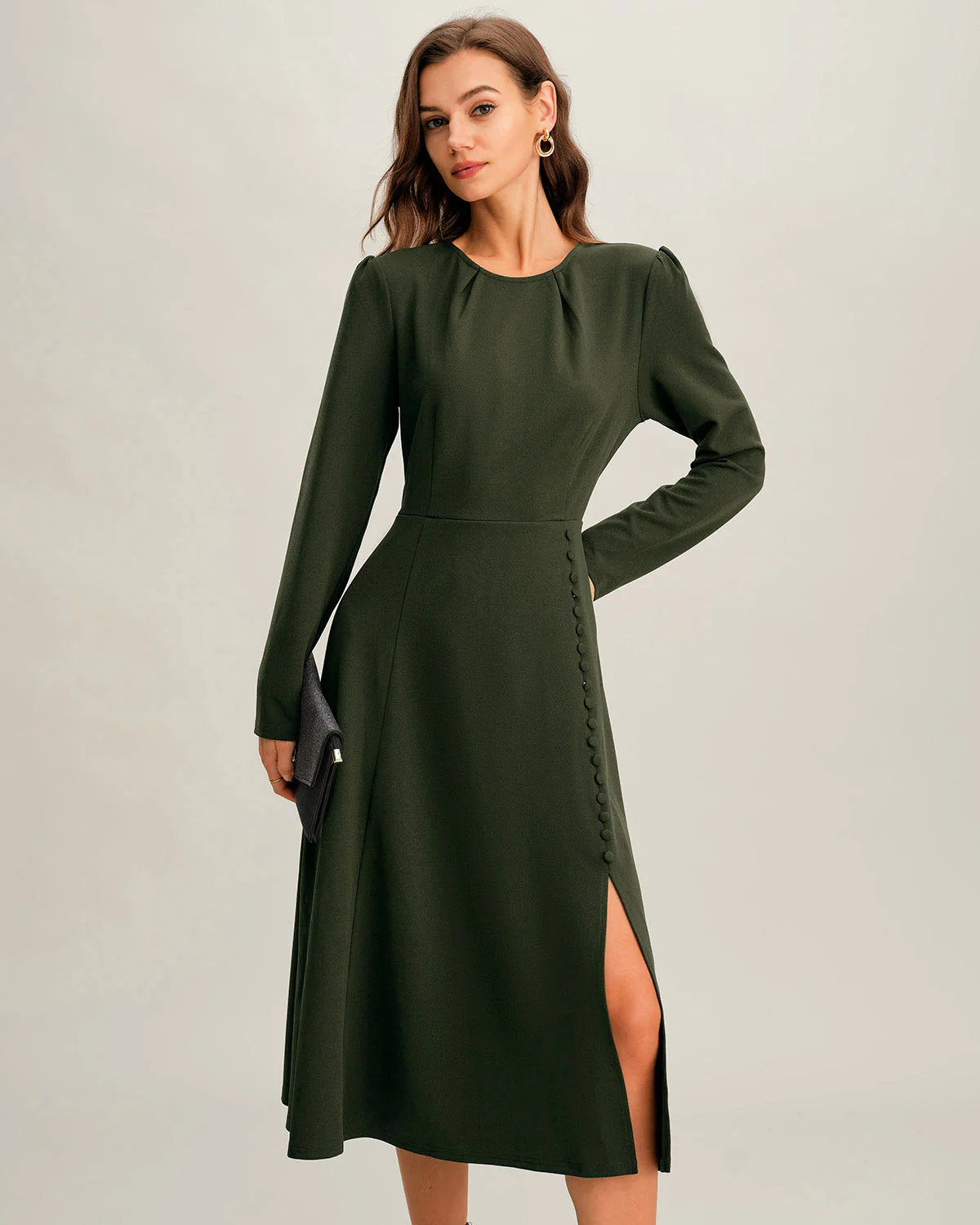 Green Ruched A-Line Slit Midi Dress