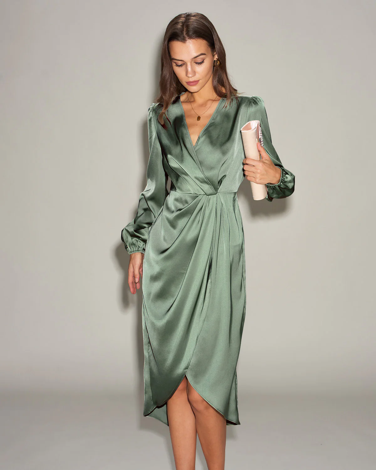 Green Satin Ruched Midi Dress