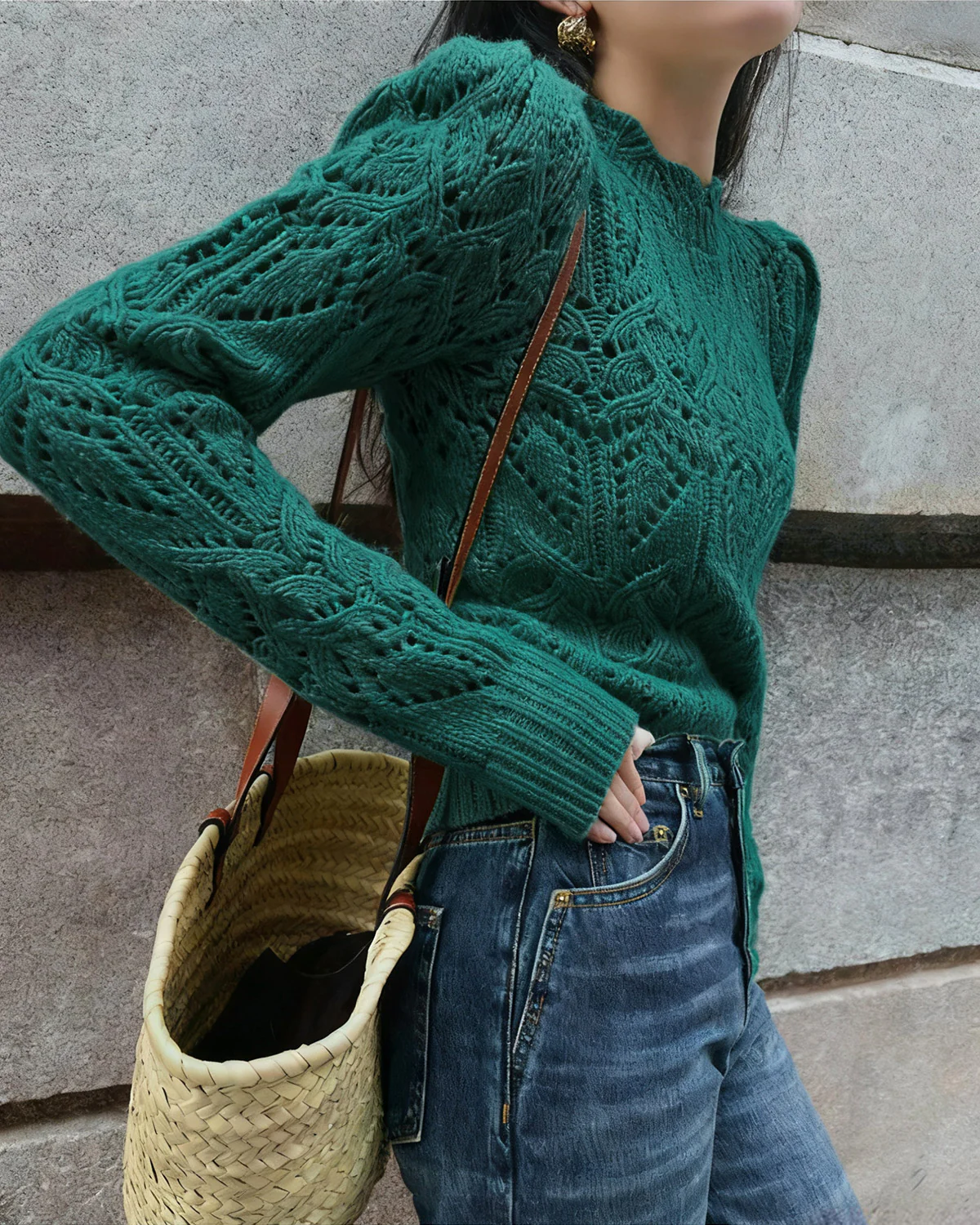Green Round Neck Cut Out Sweater