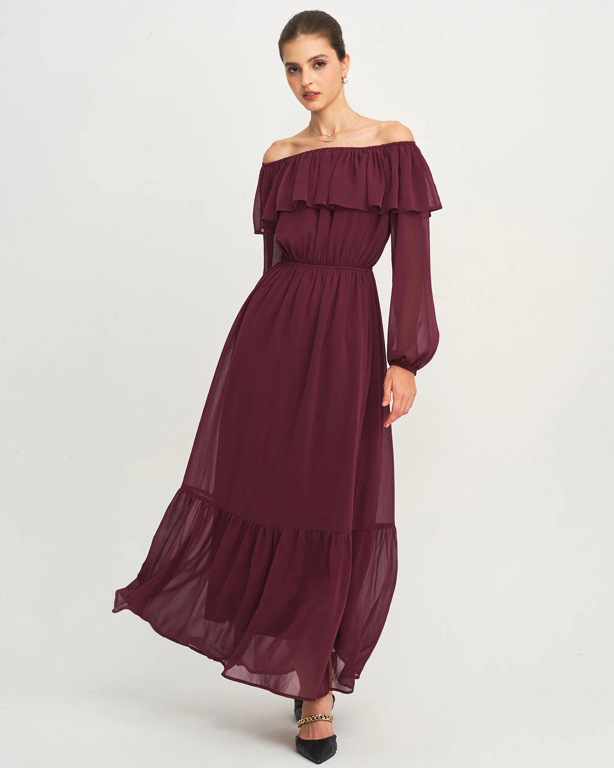 Wine Red Boat Neck Ruffle Maxi Dress