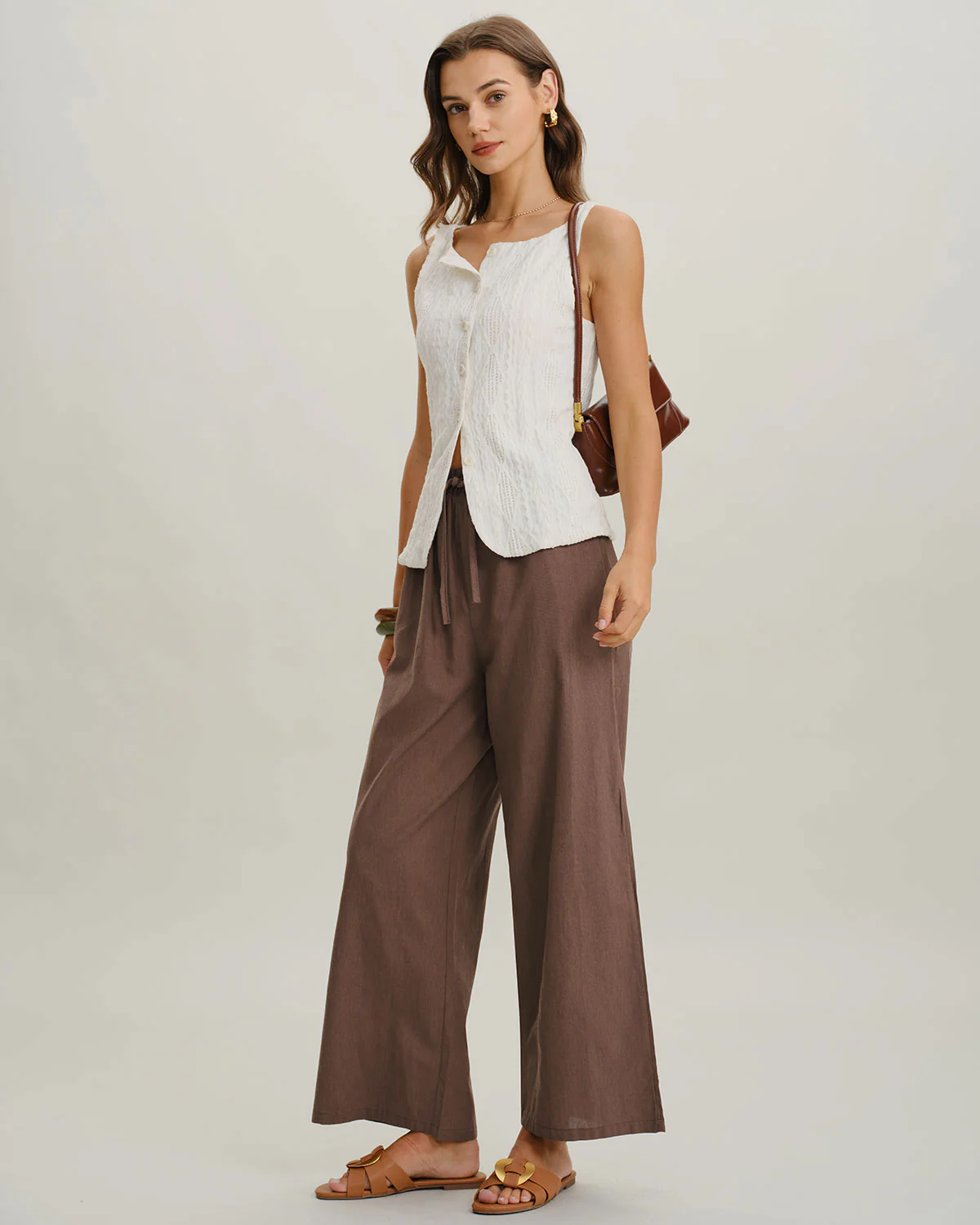 Coffee Elastic Waist Wide Leg Pants