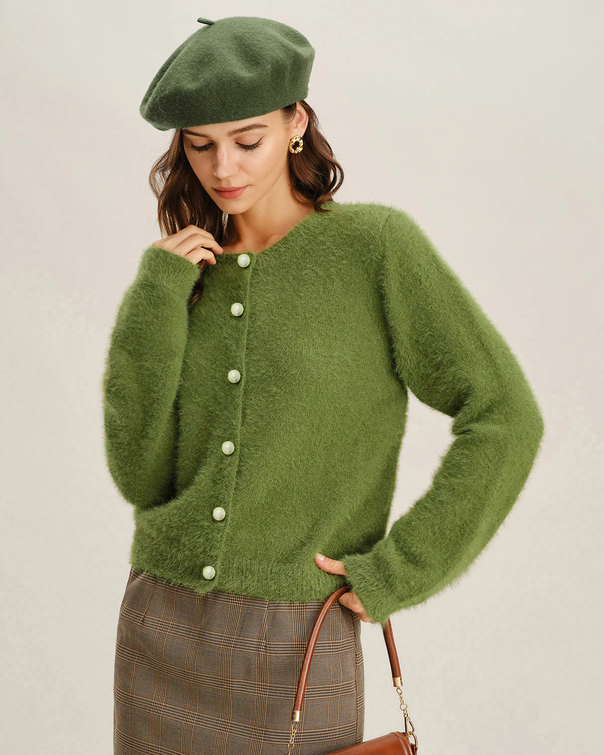 Green Round Neck Knit Cardigan