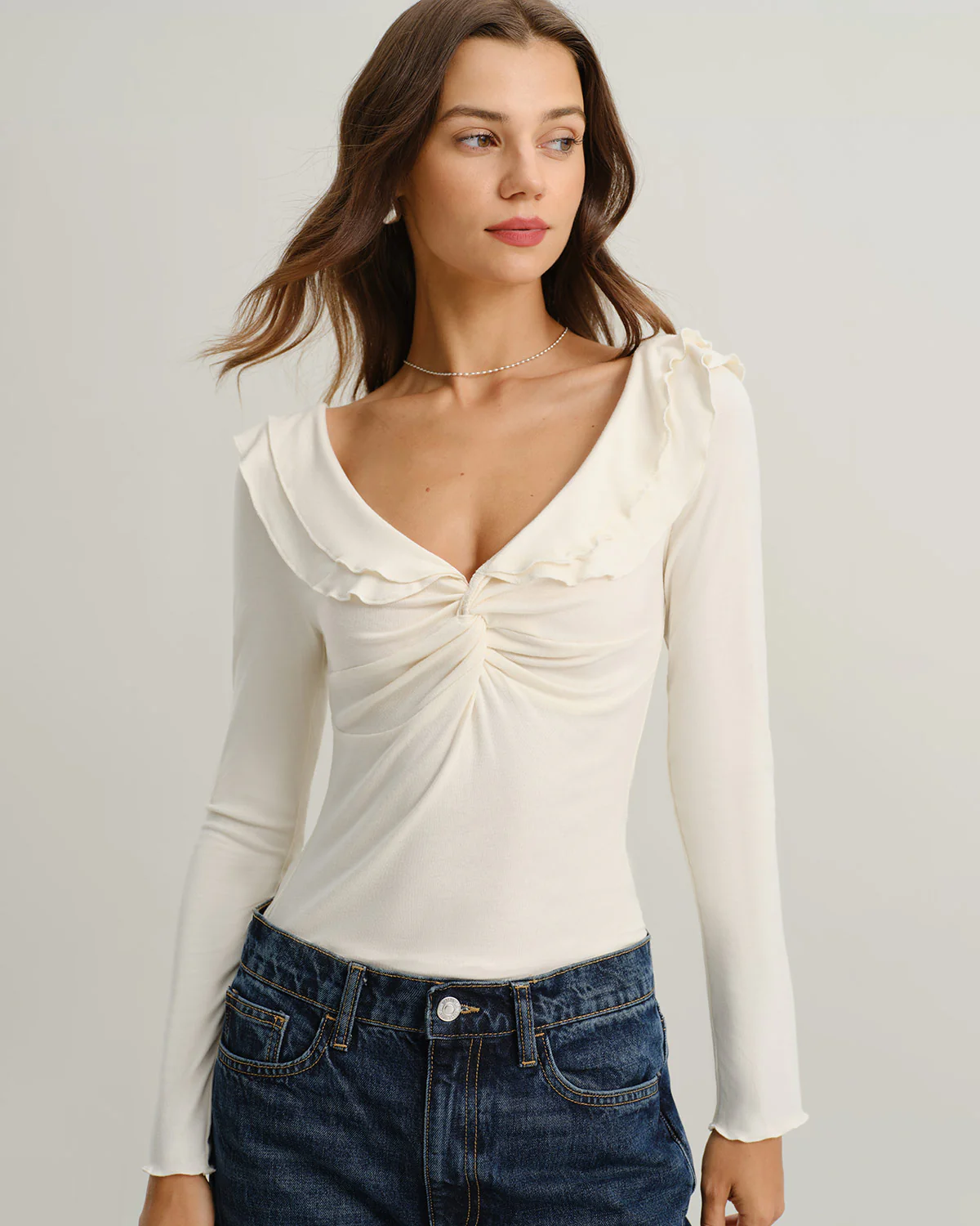 Beige V Neck Ruffle Twist Tee