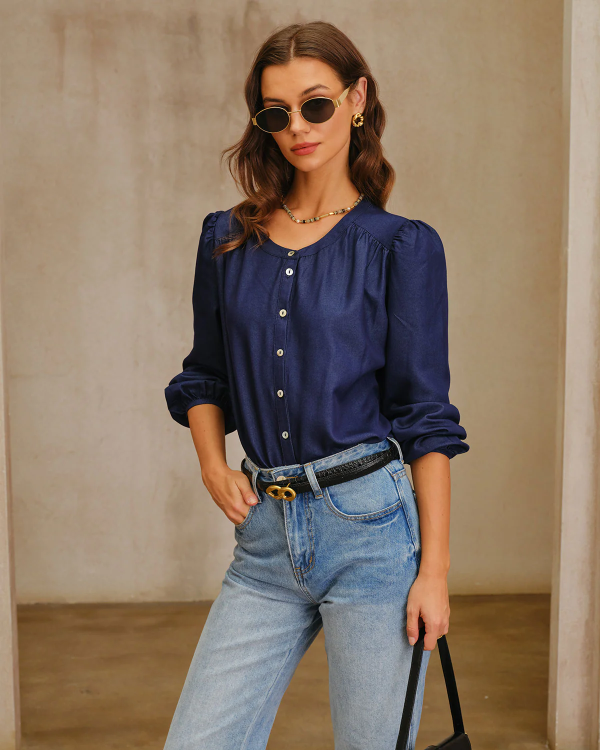 Navy Round Neck Puffed Sleeve Blouse