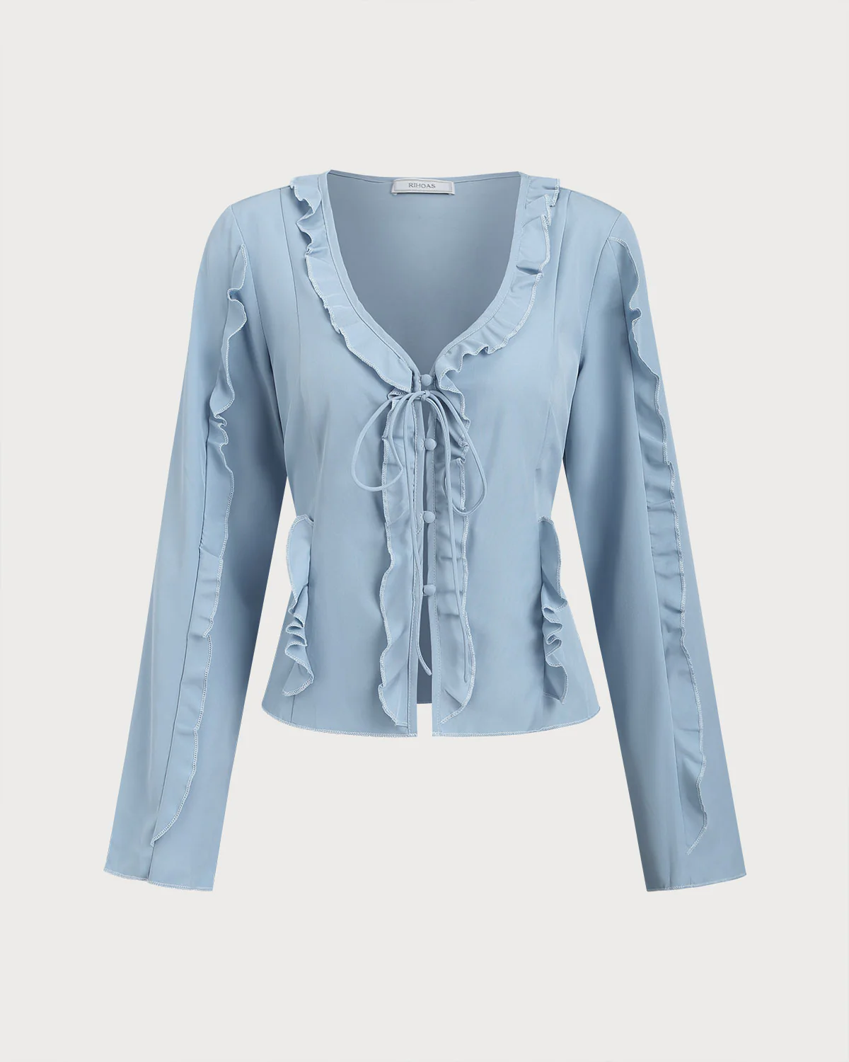 Blue Ruffle V Neck Button Blouse
