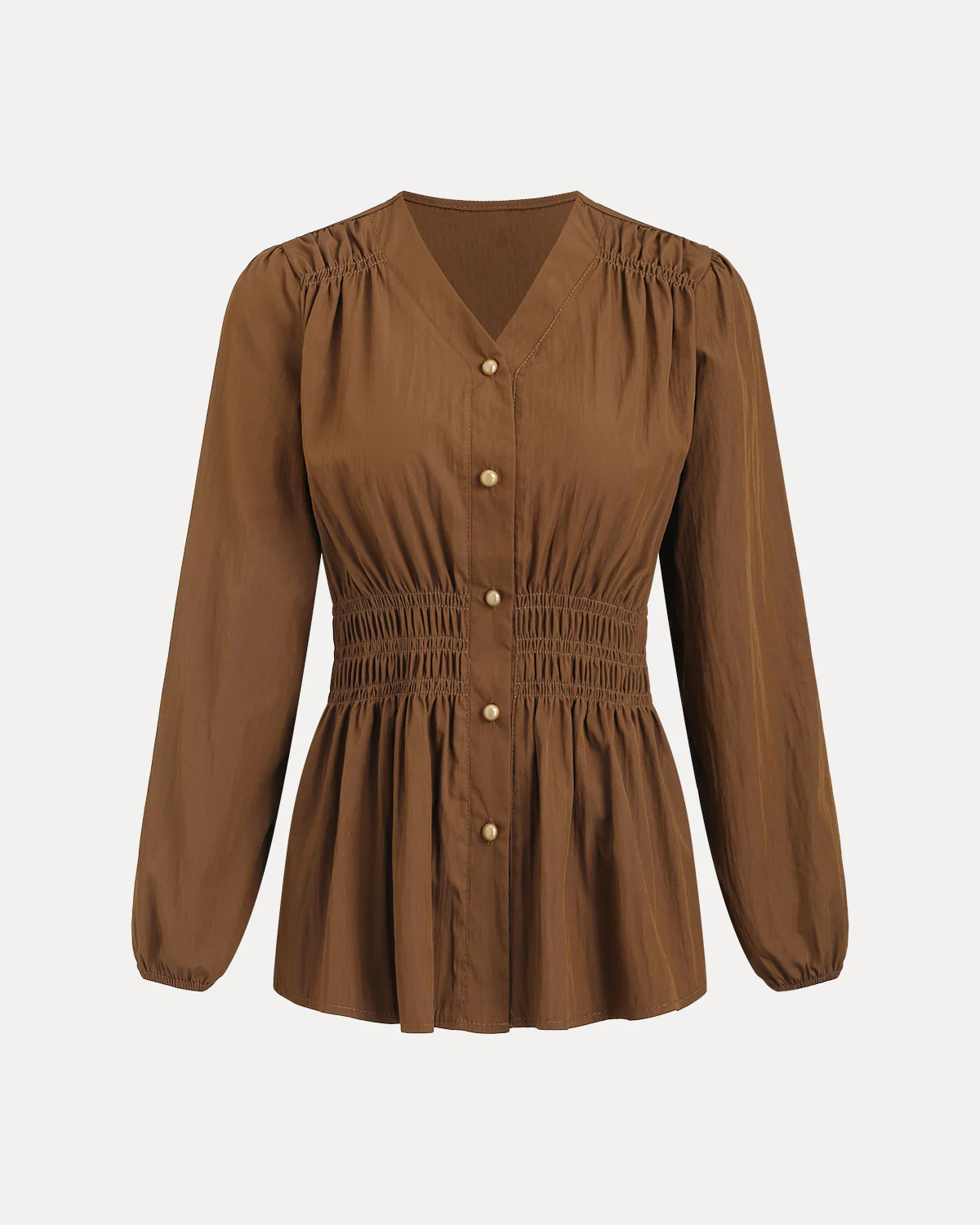 Brown Lantern Sleeve Shirred Shirt